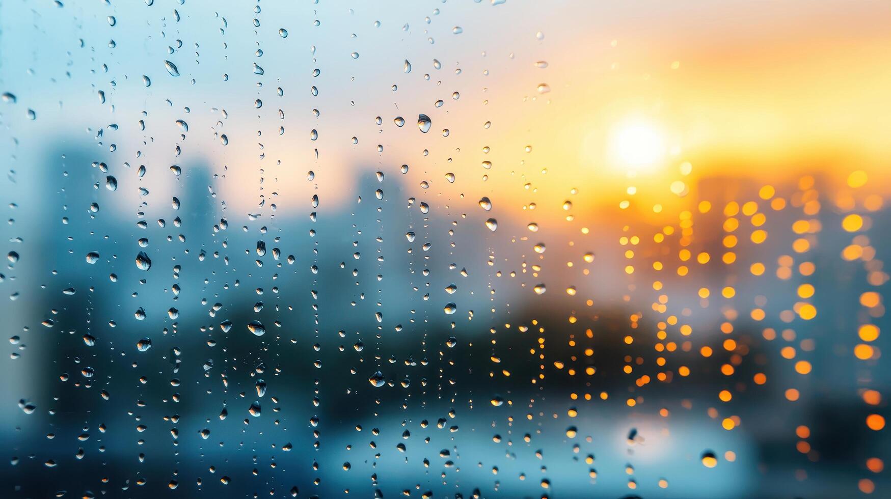 Raindrops on window at sunset urban background scenic view soft lighting tranquil environment photo