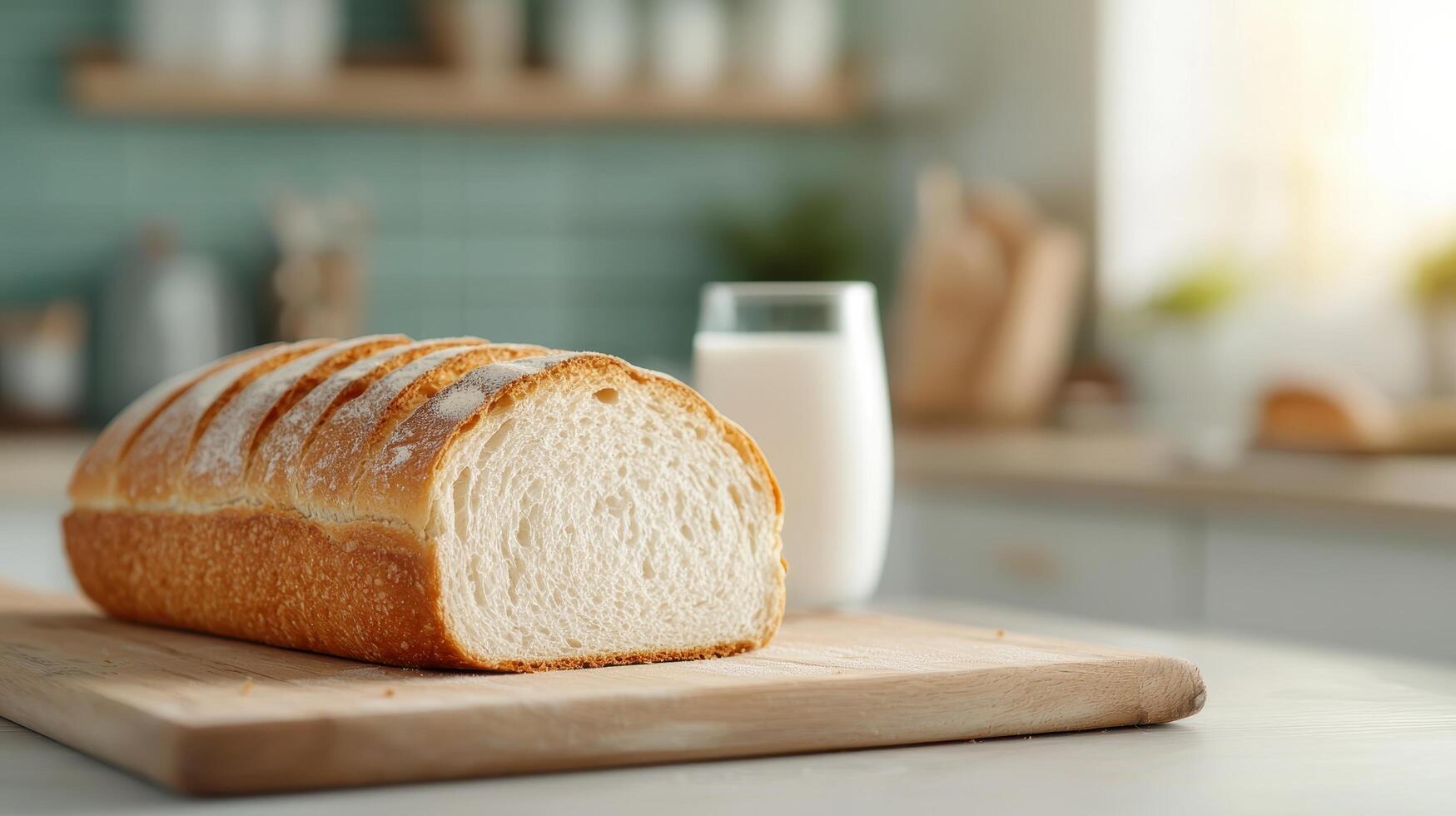 Freshly baked bread with milk kitchen background food photography cozy environment close-up view culinary delight photo