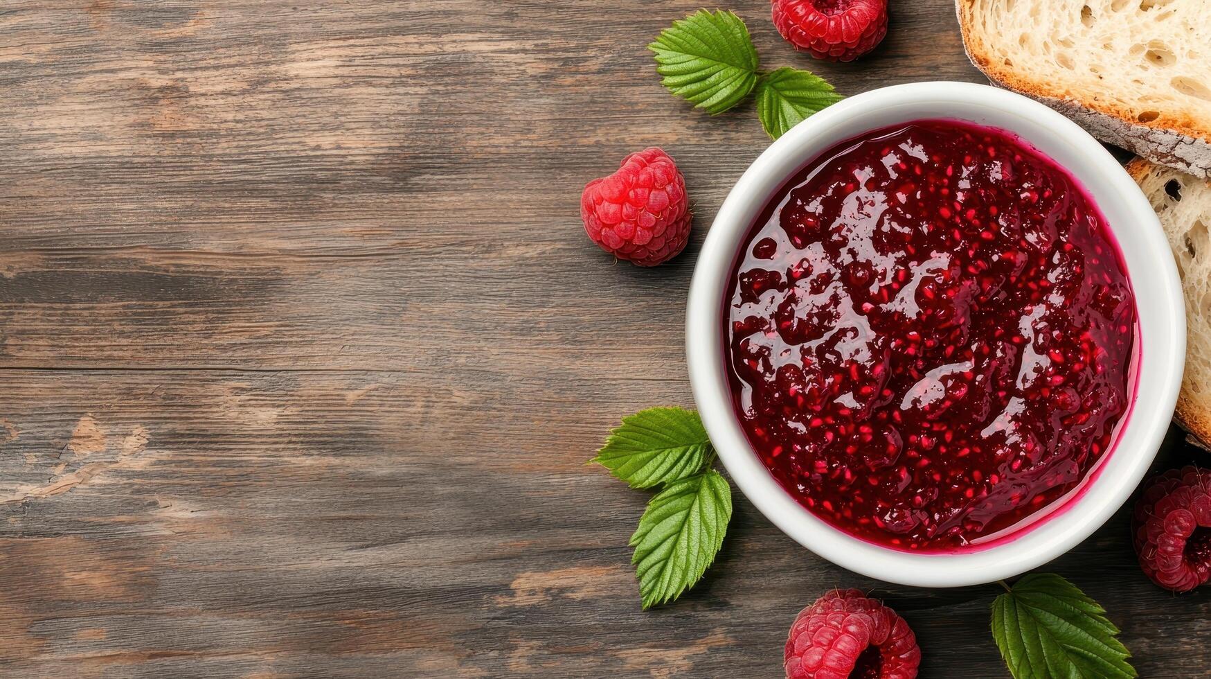 Homemade raspberry jam spread rustic kitchen table food photography natural background close-up view culinary concept photo