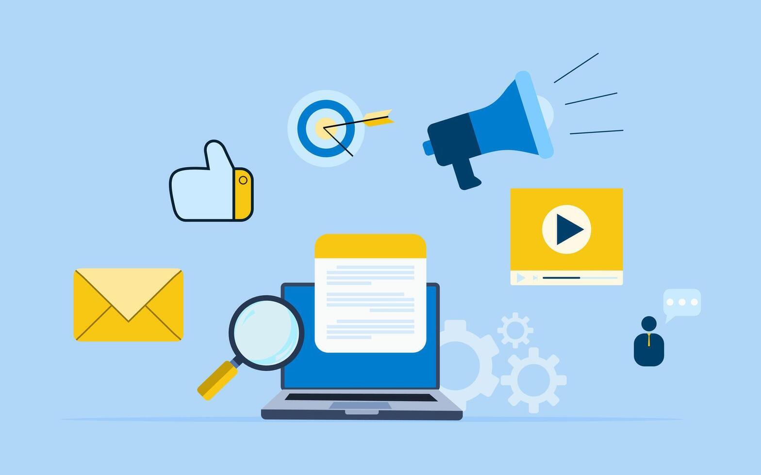 Business content marketing research design concept, illustration of seo, research, analysis, content, web, promotion, and business communication. vector