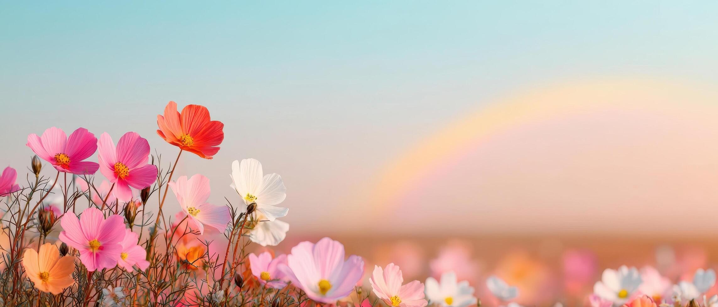 Vibrant flower field with rainbow background nature scene peaceful environment scenic viewpoint photo