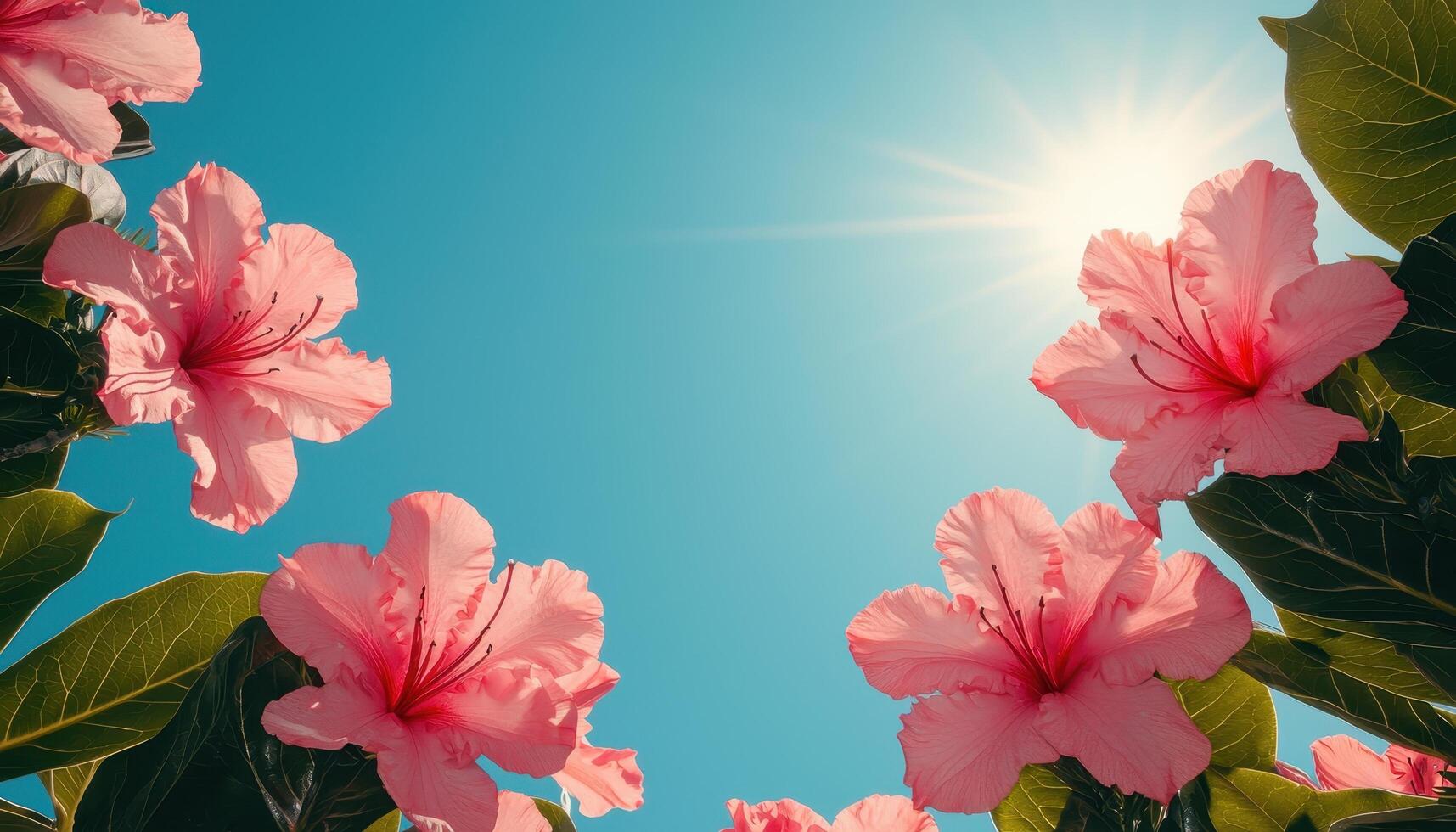 Blooming pink flowers against a bright sky background nature plant life vibrant environment upward perspective photo