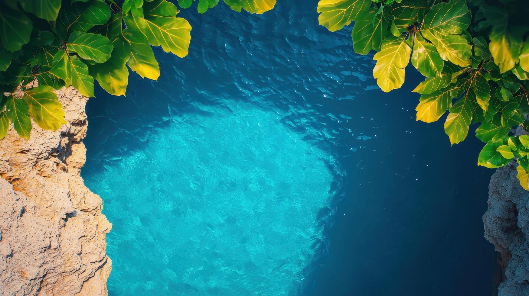 Serene blue water pool surrounded by lush greenery nature background aerial view tranquil environment photo