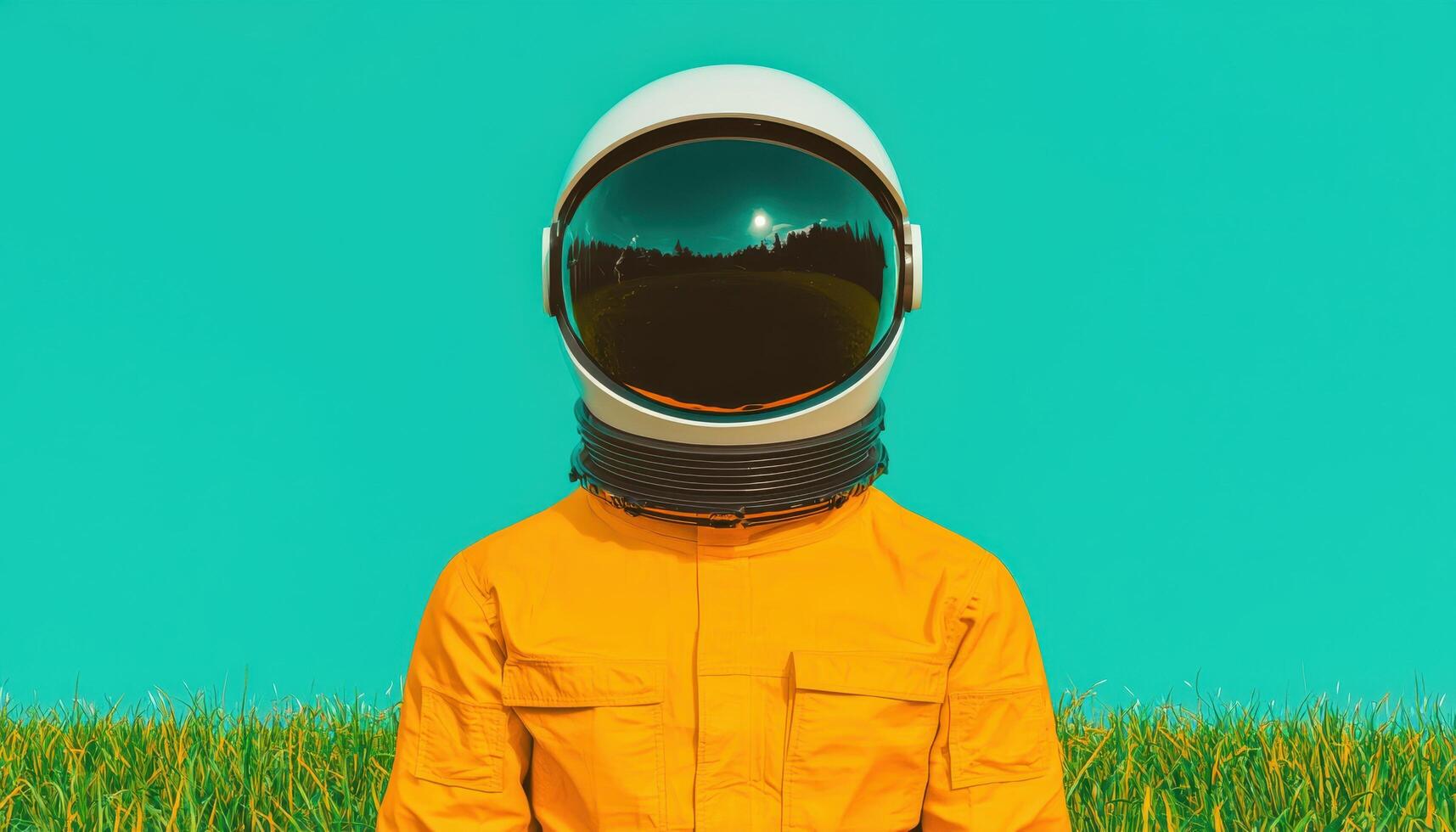 Astronaut in orange suit standing against vibrant background in lush green field surreal scene outdoor perspective photo