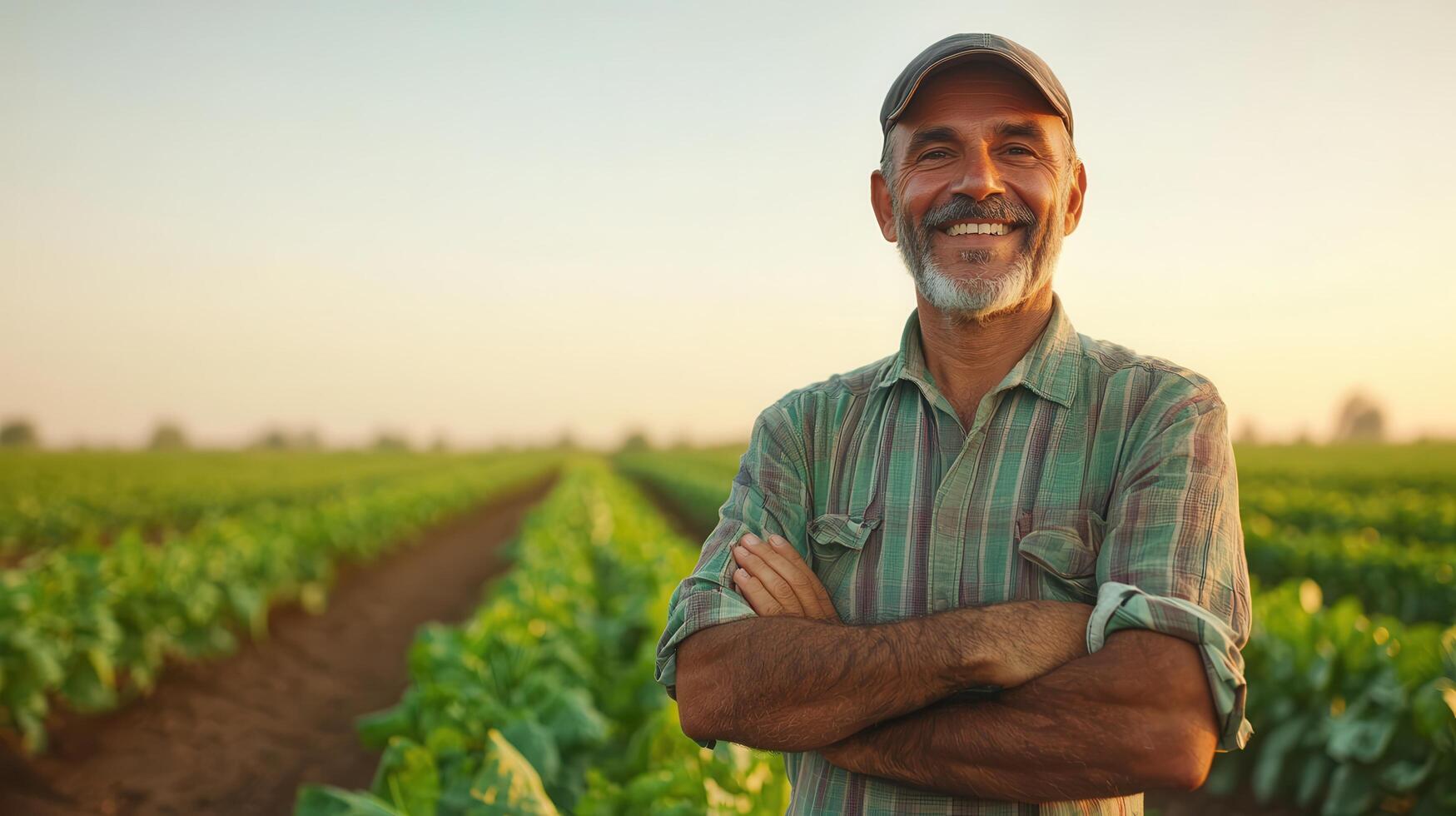 Farmer smiling in vibrant tobacco field at sunset nature background lifestyle portrait rural environment photo