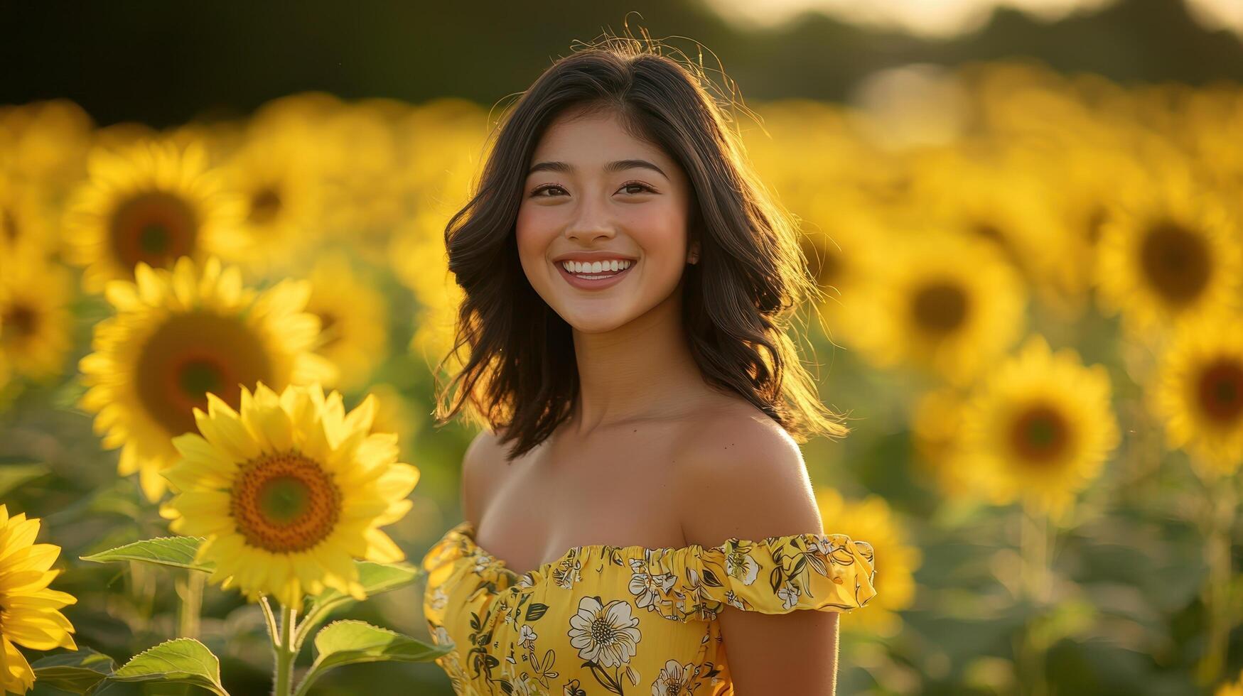 Joyful young woman smiling amidst sunflowers in a bright sunny background lifestyle photography nature setting photo