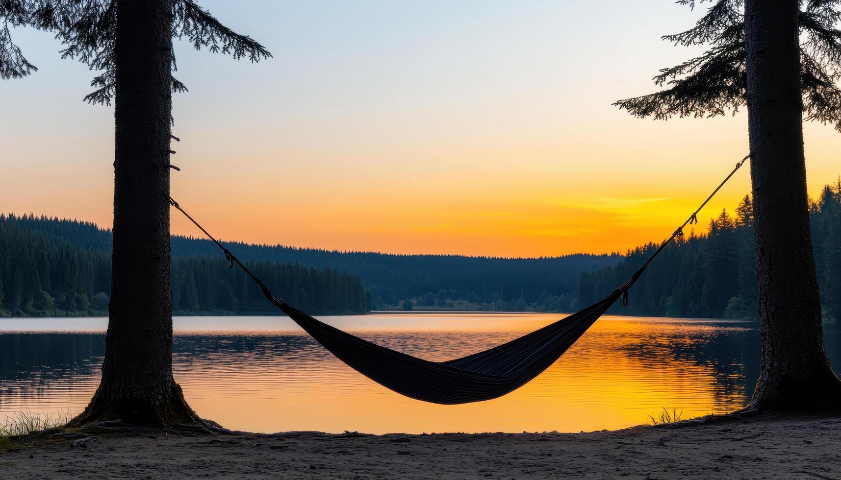Relaxing hammock at sunset by tranquil lake nature background serene landscape peaceful environment photo