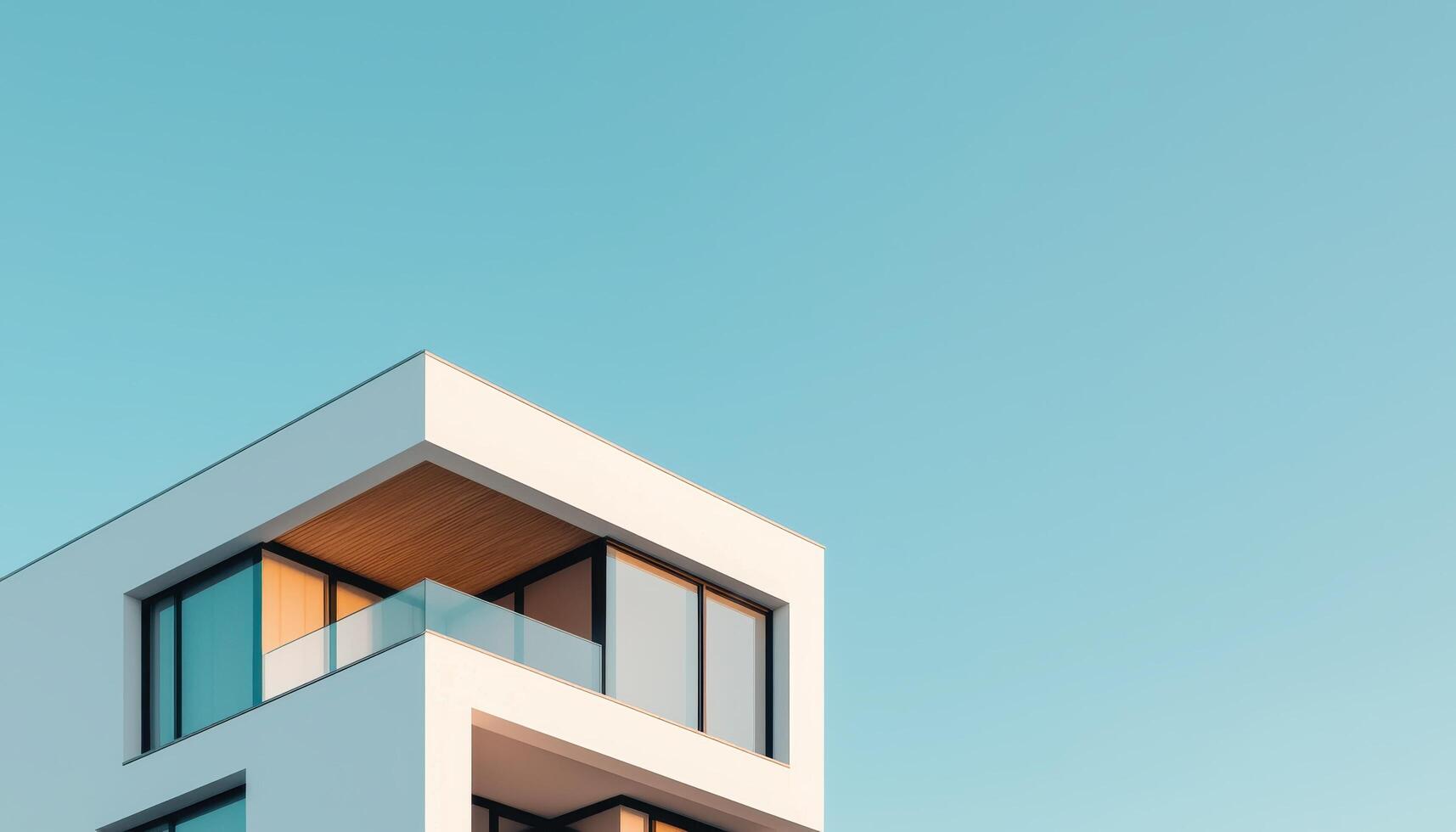Modern architectural building against clear blue sky background urban environment high angle view photo