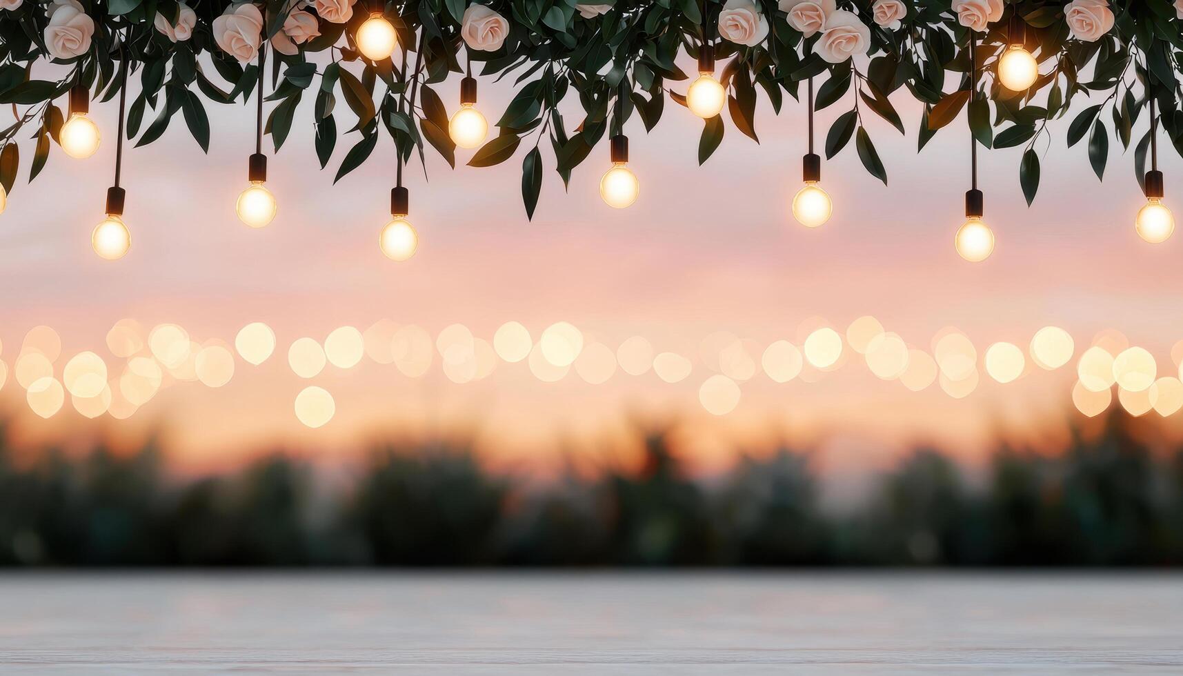 Elegant floral string lights over sunset background outdoor wedding decor romantic vibes soft colors photo