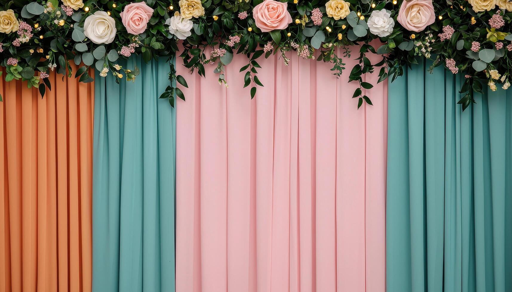 Floral decoration display with colorful drapery background event venue photography elegant setup close-up view photo