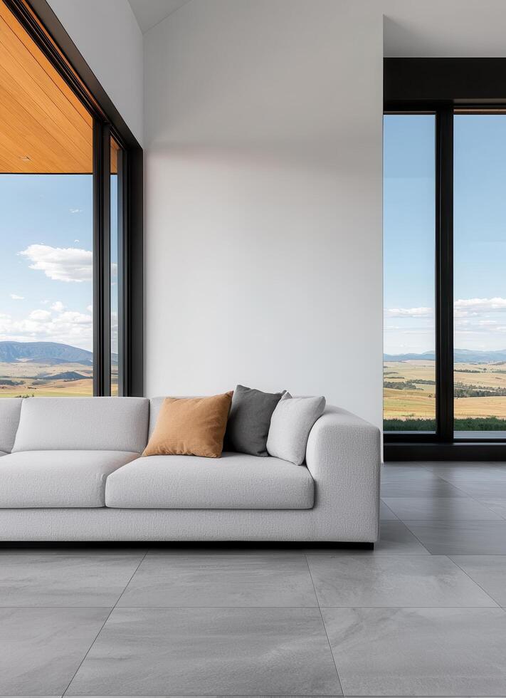 Modern living room with scenic background view sleek design minimalist style spacious environment bright light photo