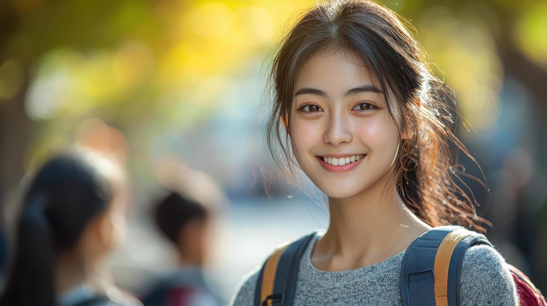 Joyful young woman smiling with nature background urban environment portrait photography bright daylight photo