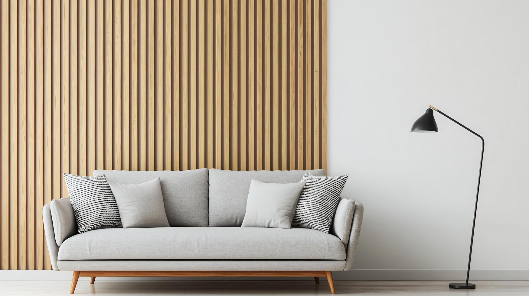 Modern living room design with sofa stylish lamp neutral background minimalist environment inviting viewpoint photo