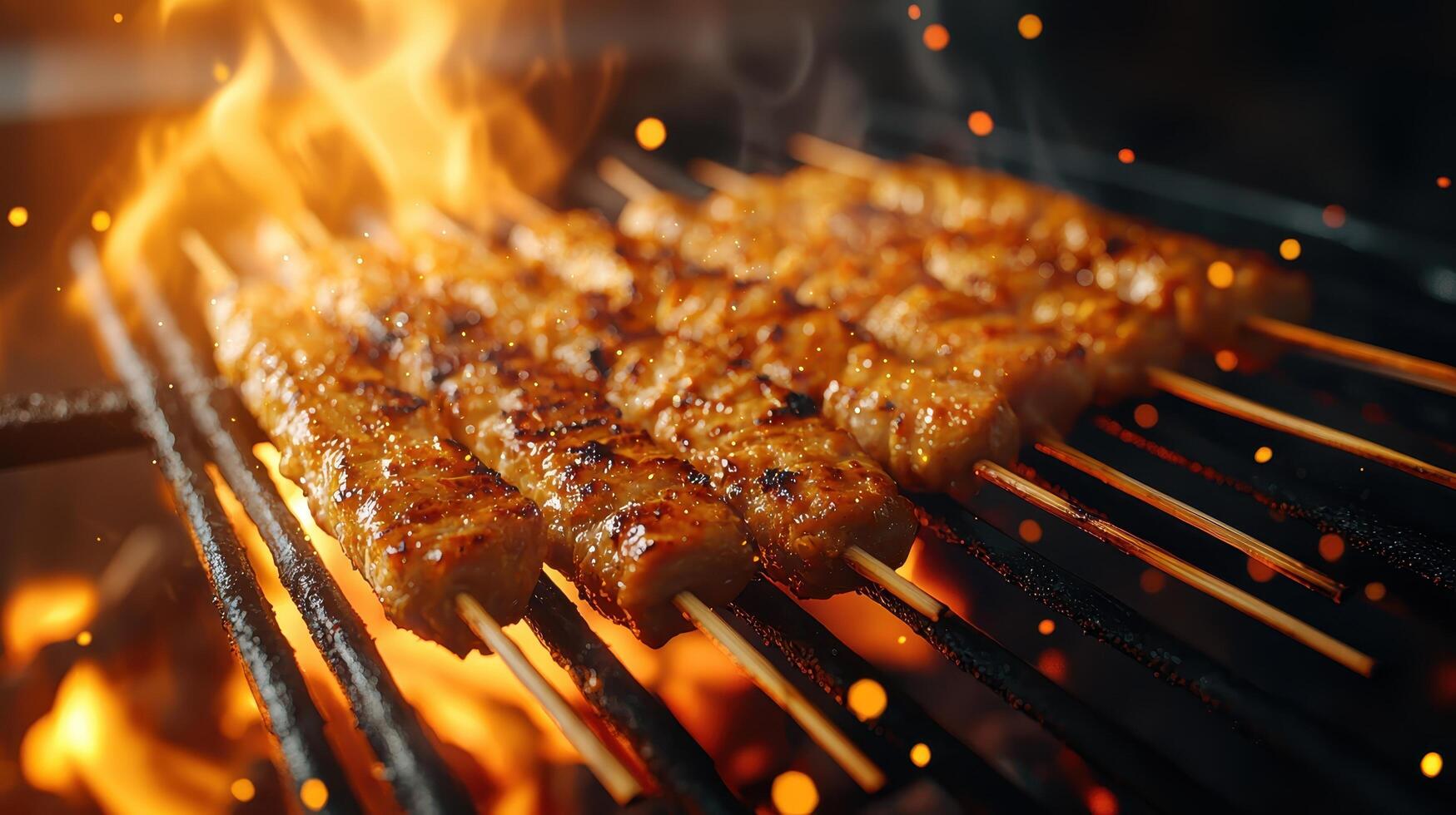 Grilling skewered chicken over flames outdoor bbq food photography night setting close-up flavorful background photo
