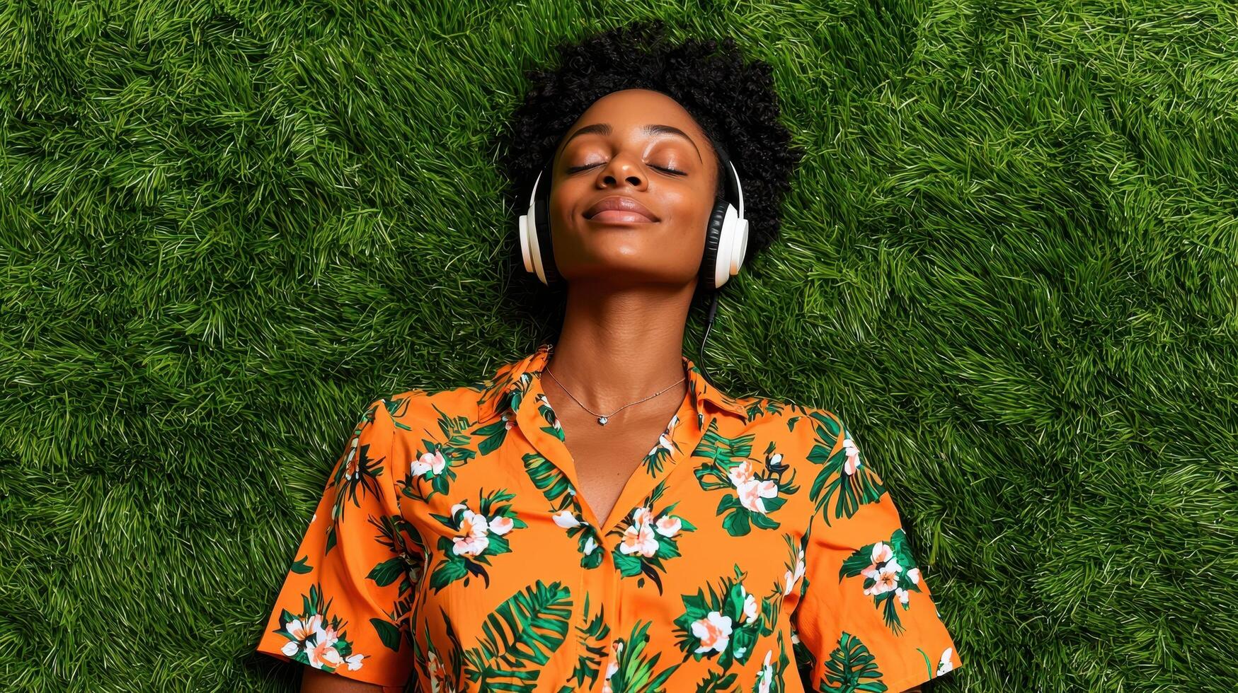 Relaxing woman listening to music on grass background outdoor lifestyle close-up view serenity concept photo