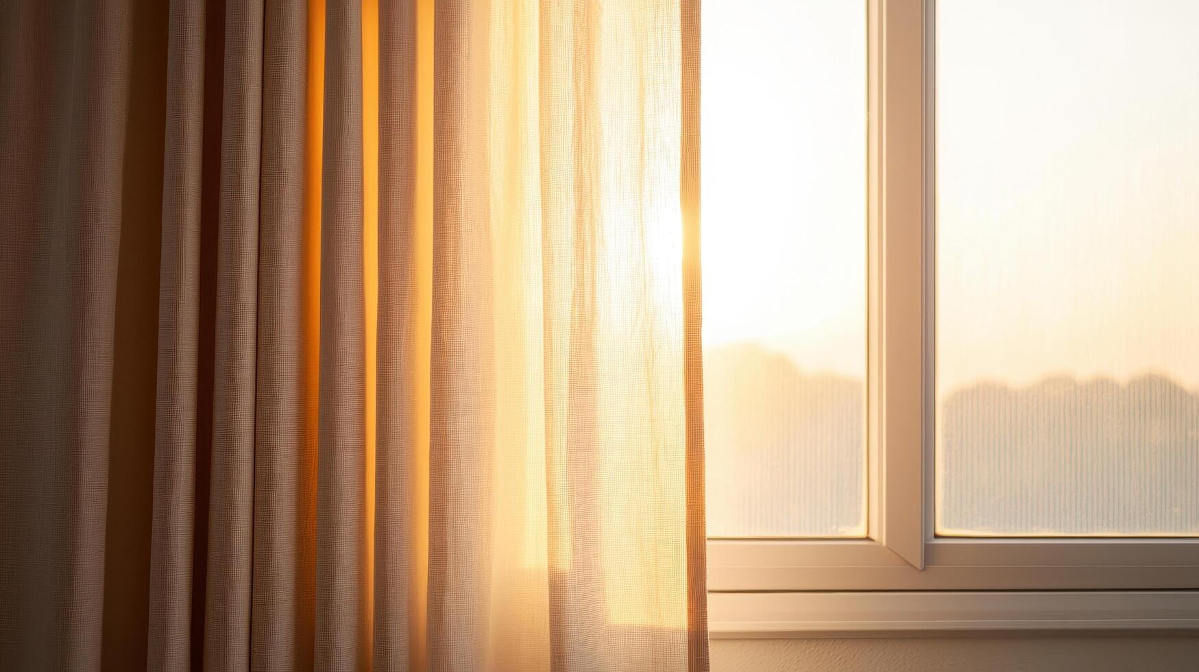 Morning light streaming through sheer curtains cozy room soft atmosphere warm background inviting viewpoint photo