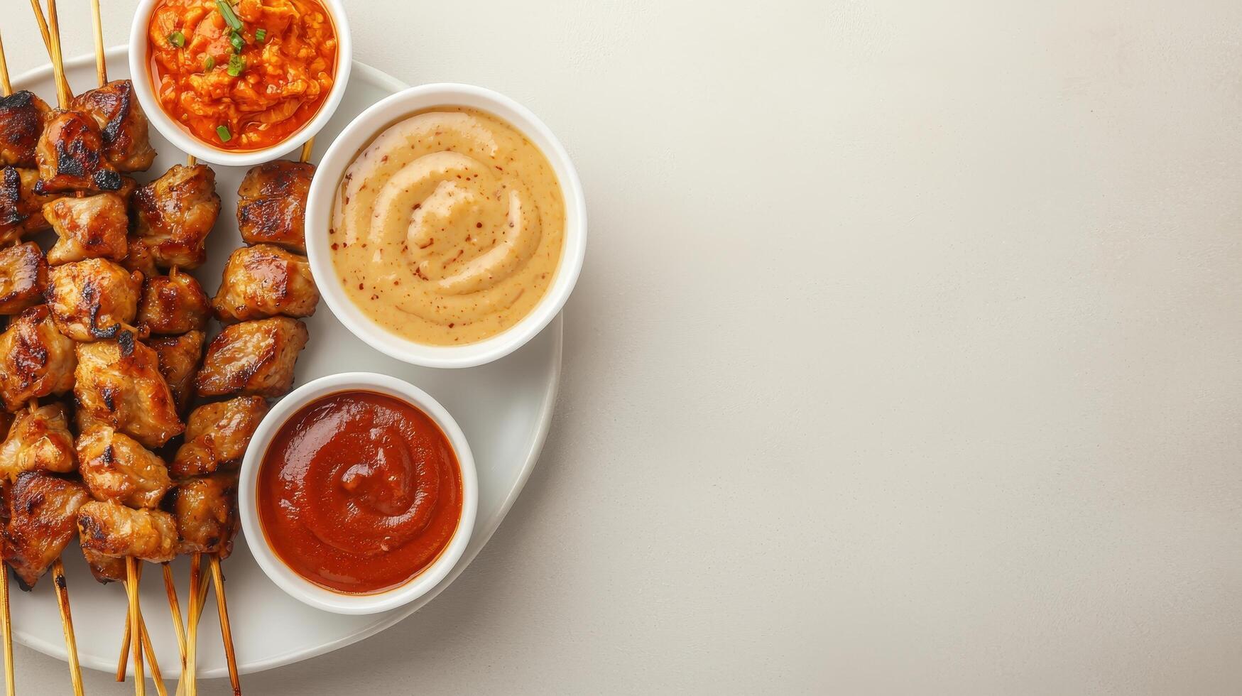 Delicious grilled chicken skewers with dipping sauces kitchen background culinary art close-up view flavor exploration photo