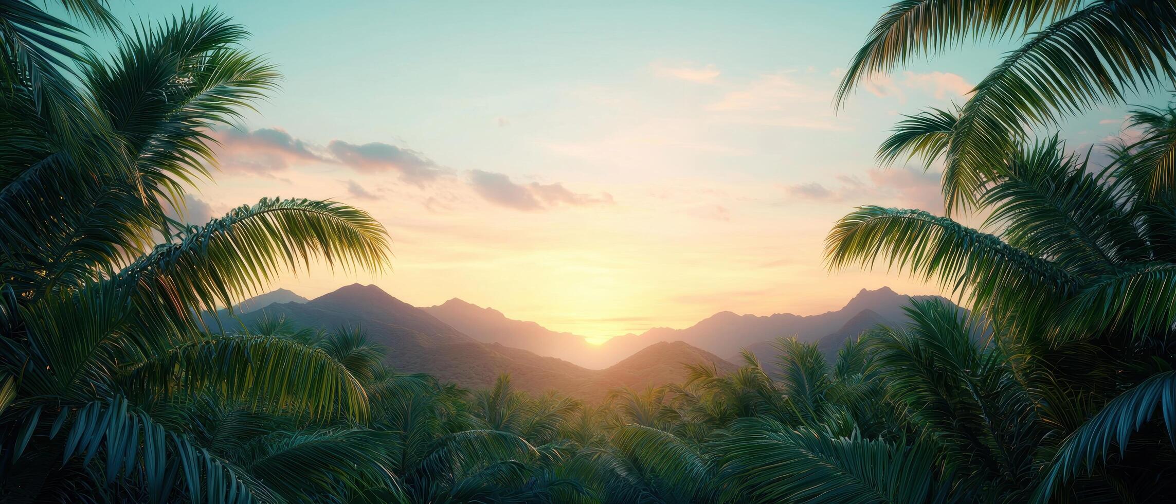 Sunset over mountains and palm trees tropical nature background scenic landscape viewpoint photo