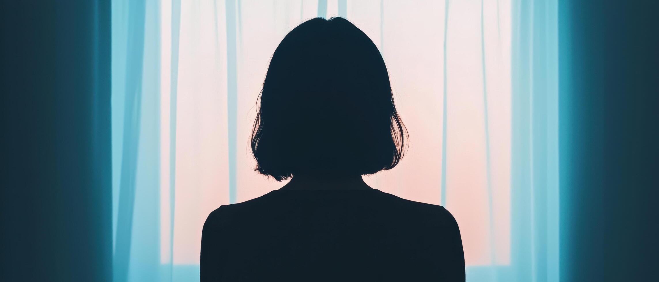 Contemplative figure against sheer curtain indoor nature background emotional content serene environment silhouette viewpoint photo