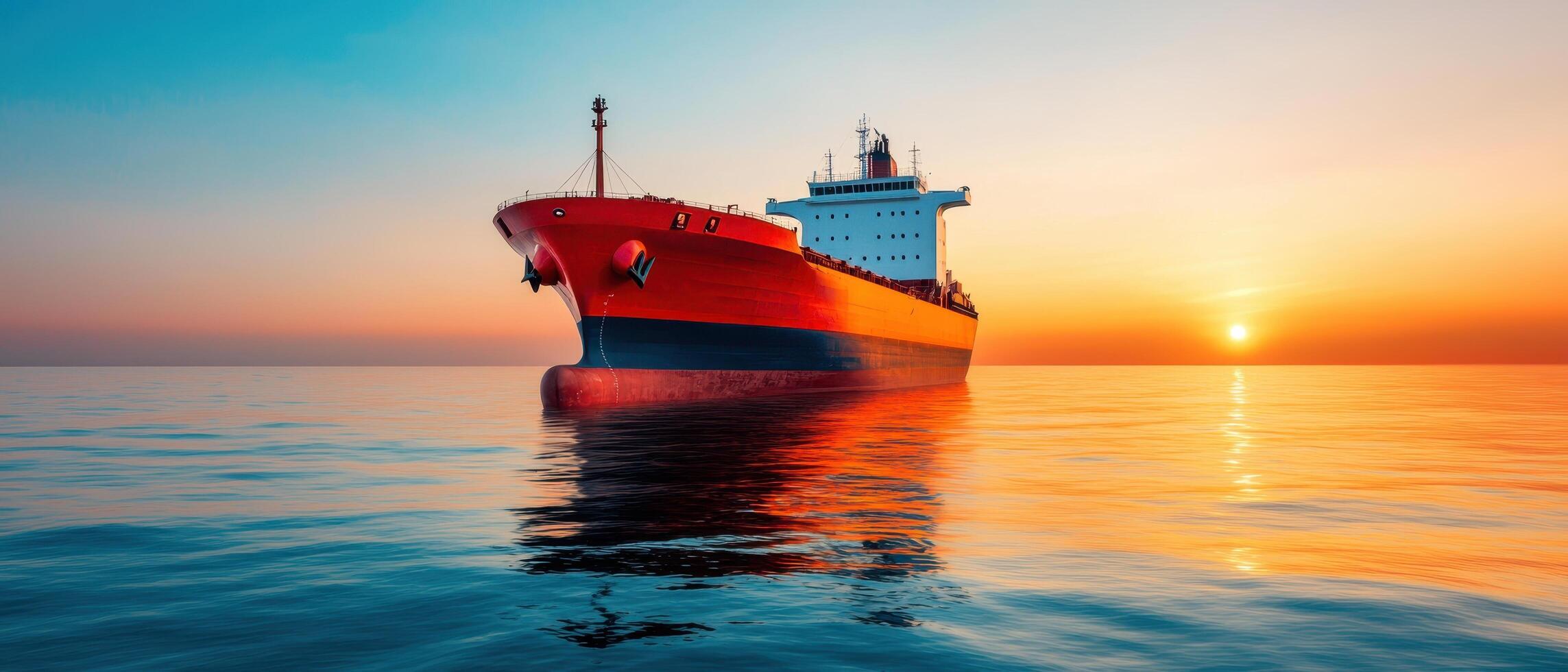 Sunset cargo ship in tranquil waters coastal nature background serene ocean view maritime concept photo