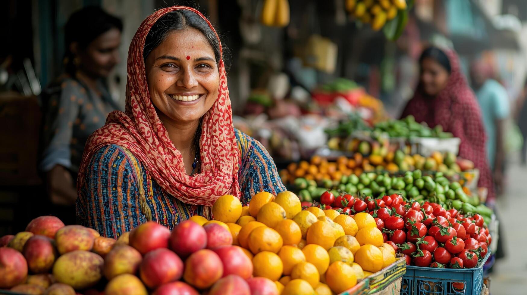 Vibrant market scene with smiling vendor local fruit stall outdoor setting nature background bright colors photo