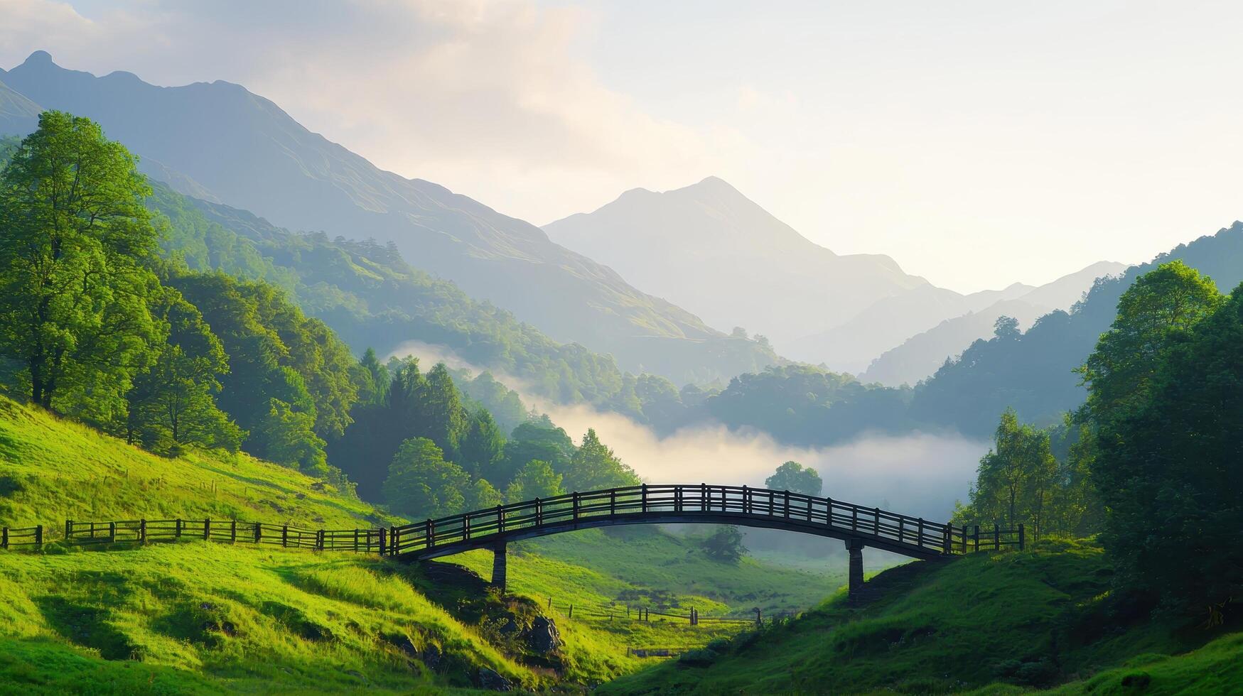 Tranquil nature scene with bridge in lush green background mountain landscape early morning peaceful atmosphere photo