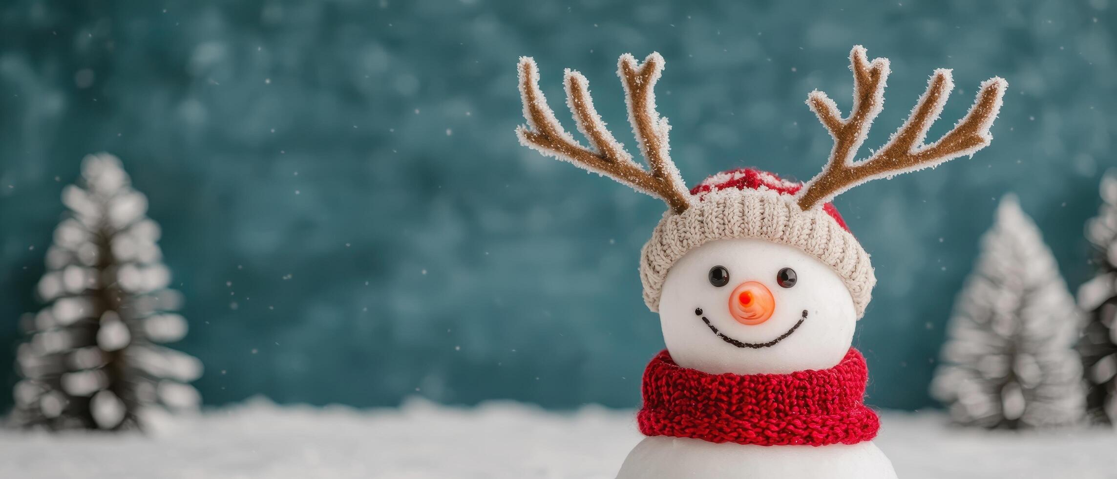 Joyful snowman with antlers winter landscape nature background holiday cheer outdoor scene photo