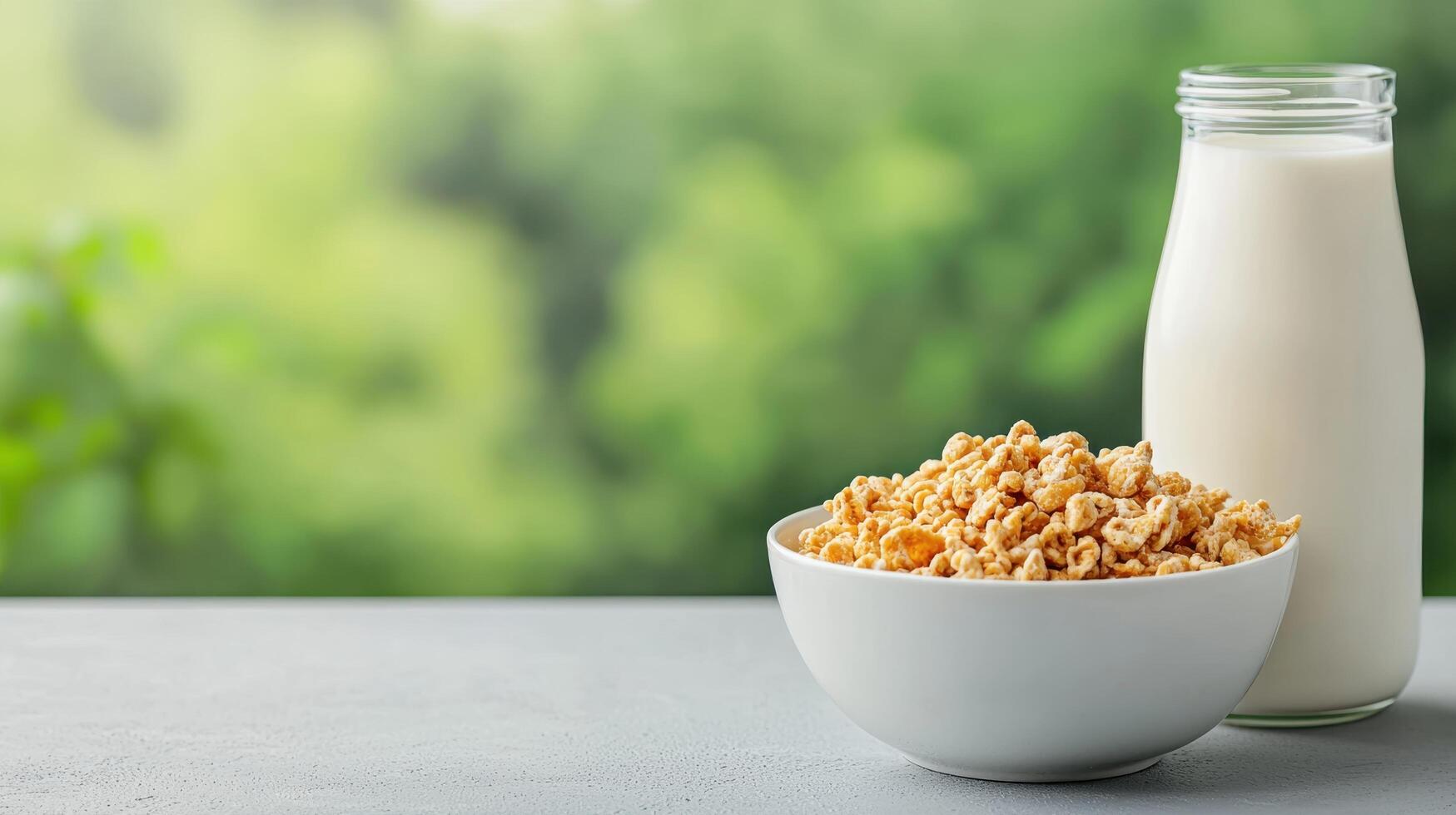 Breakfast delight bowl of popcorn and milk against a nature background lifestyle photography fresh environment photo