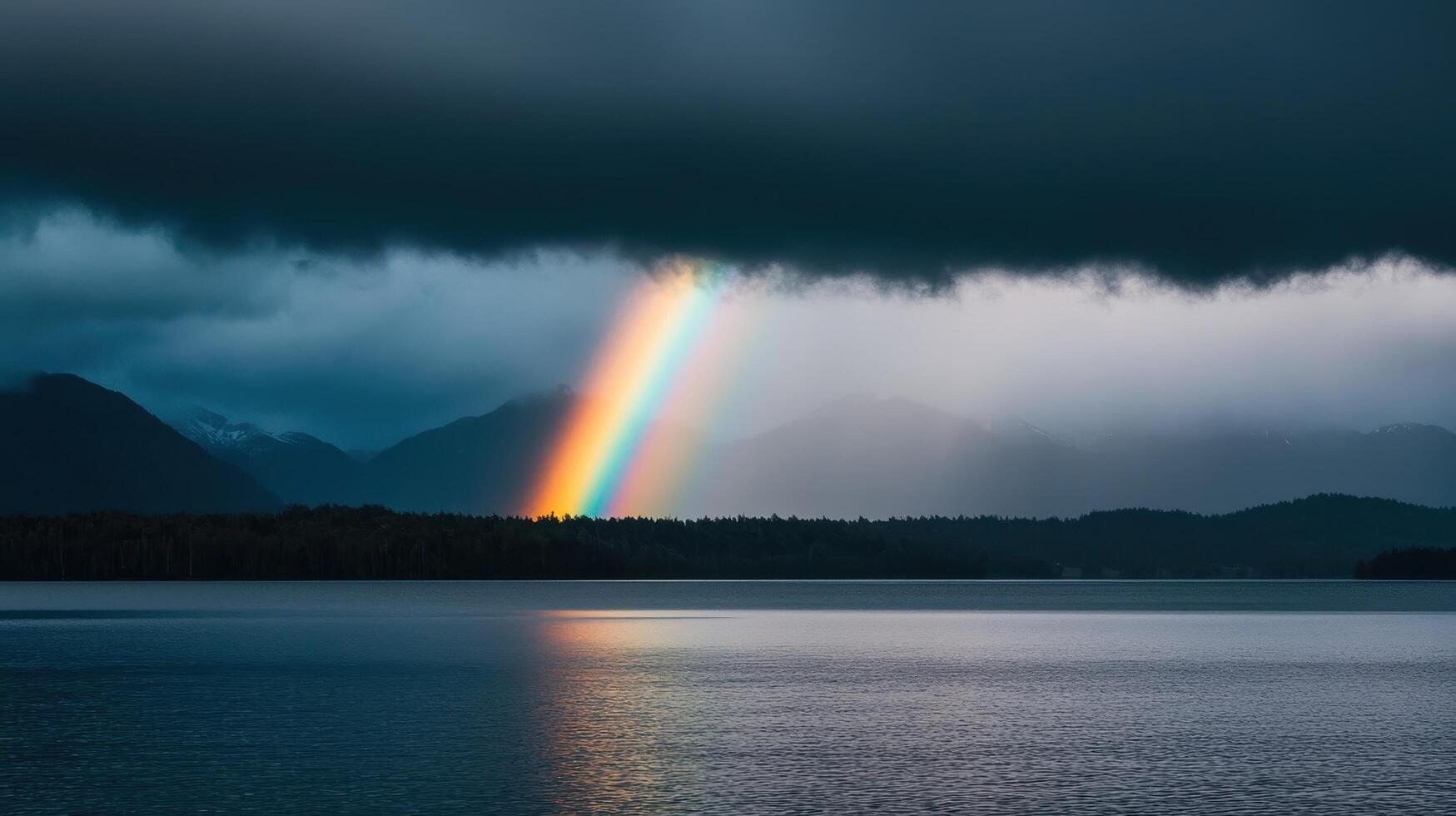 Nature's vibrant rainbow over calm waters dramatic sky serene landscape outdoor adventure scenic background photo