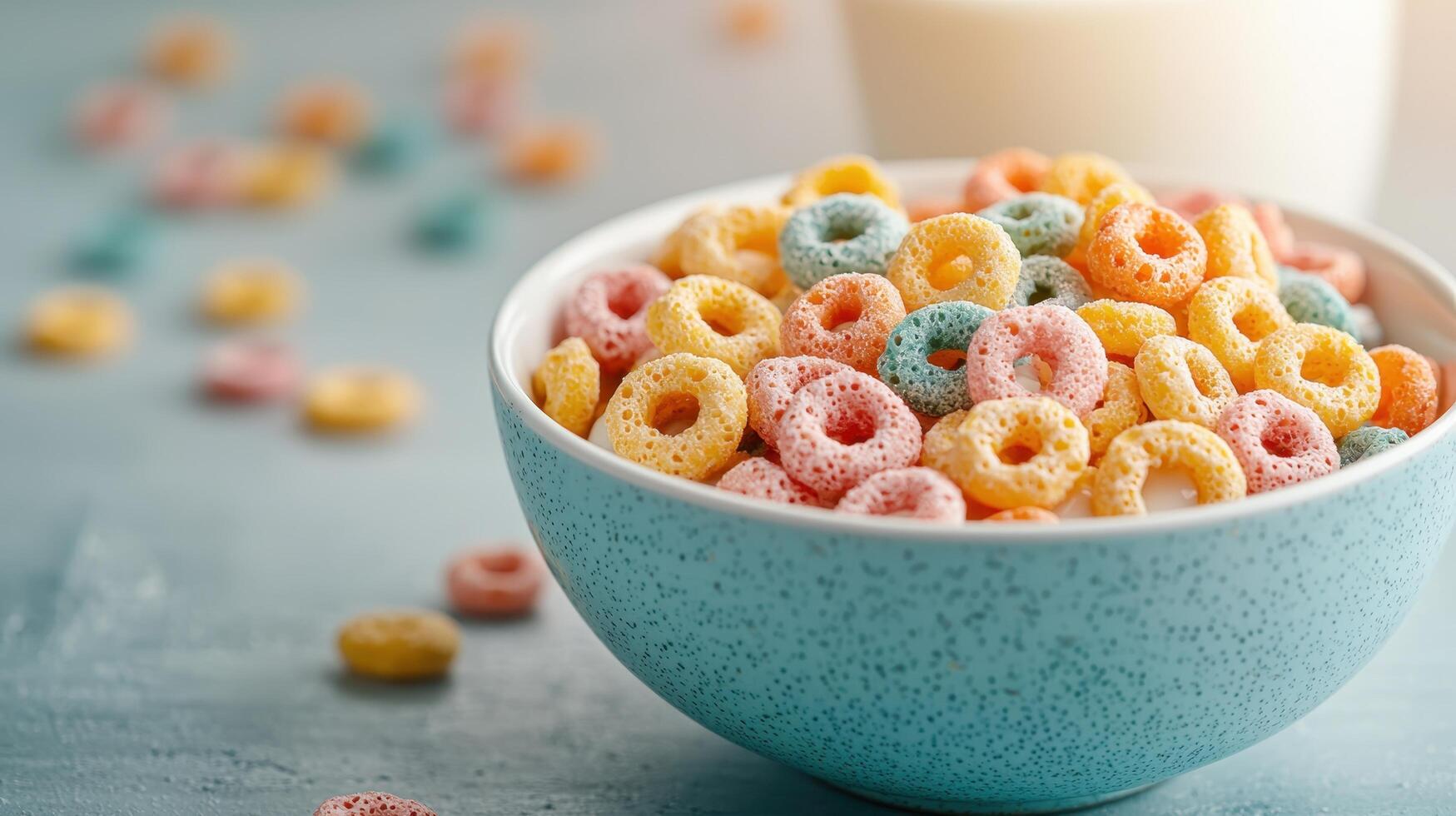 Colorful breakfast cereal with milk in a vibrant kitchen background nature-inspired environment overhead view photo