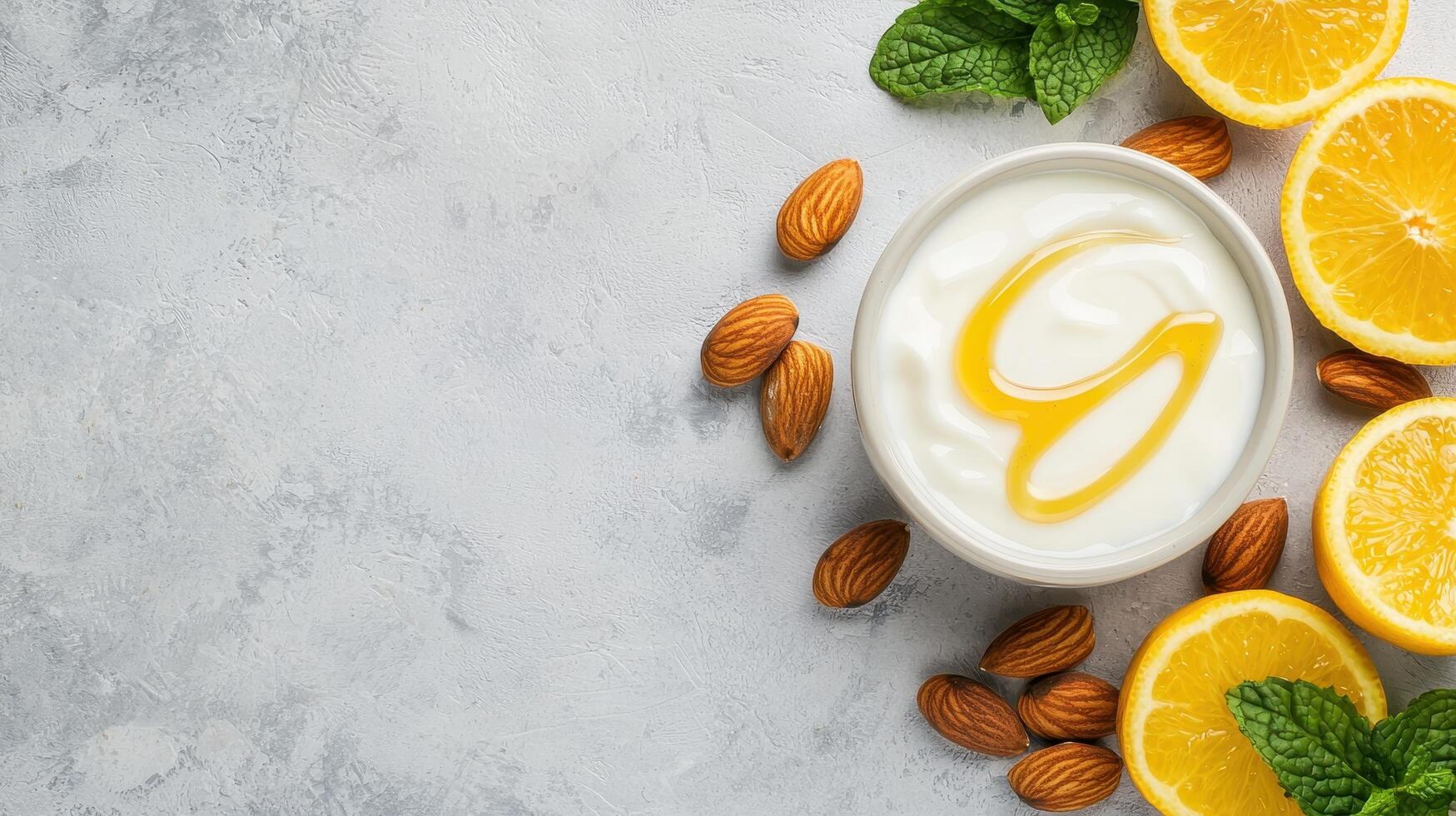 Refreshing yogurt with honey and lemon nature background food composition bright environment top view healthy concept photo