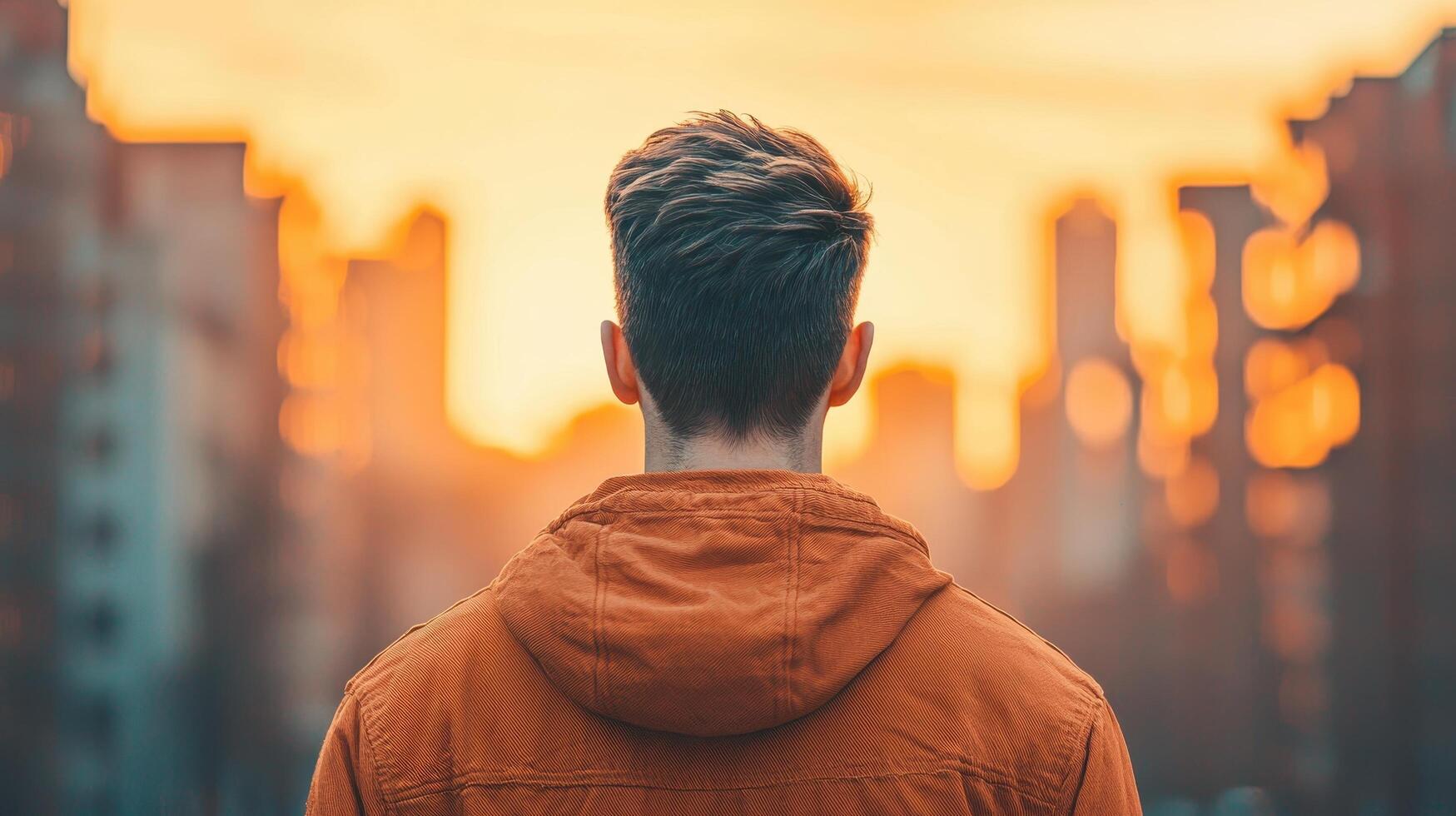 Contemplative moment city skyline at sunset nature background urban environment warm viewpoint photo