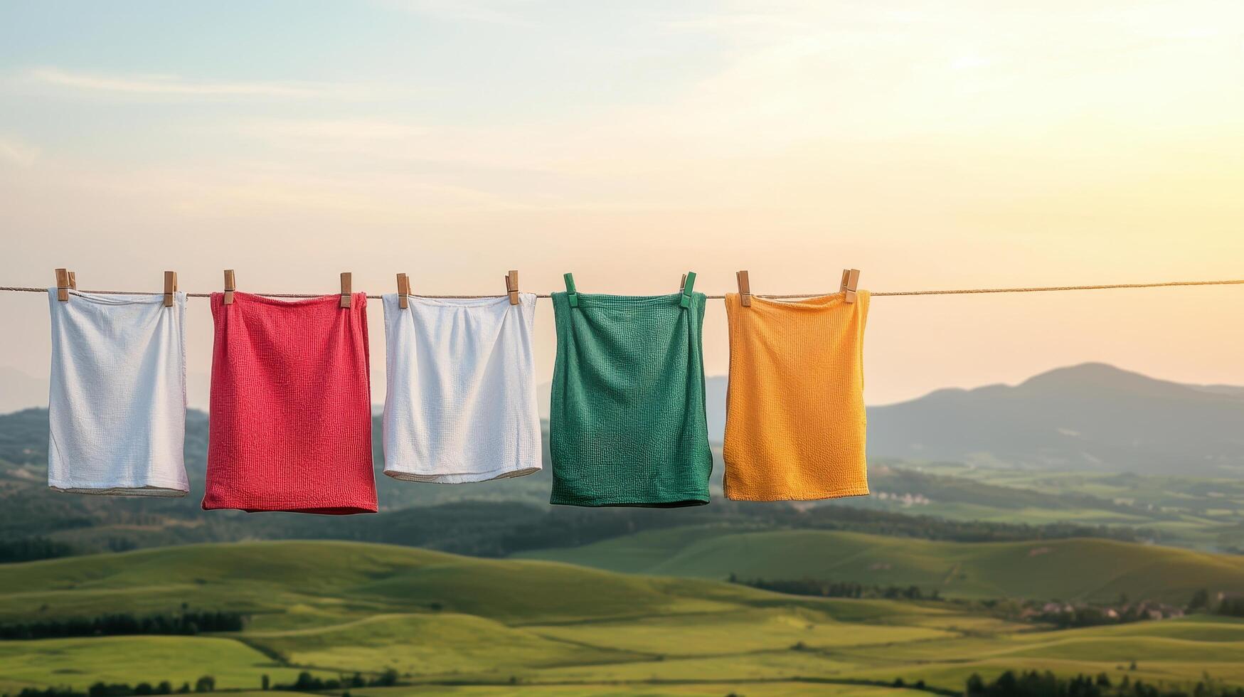 Hanging colorful clothes scenic hills photography nature background photo
