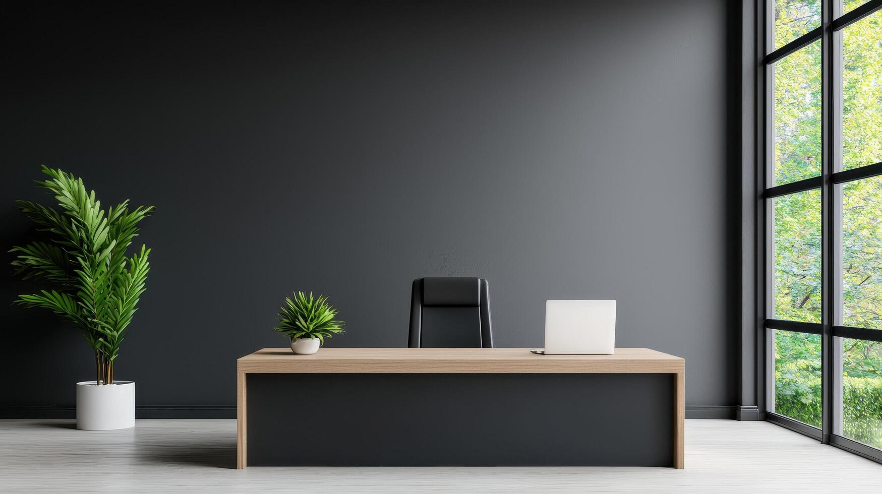 Modern office workspace with nature background and minimalist design photo