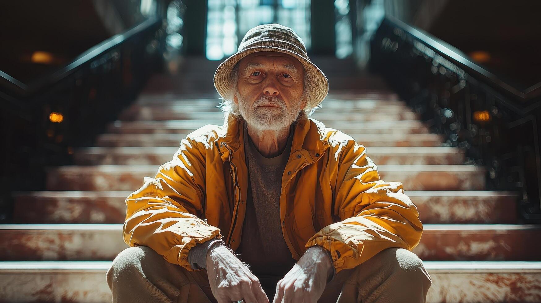 Elderly man reflecting in nature background urban steps portrait calm photo