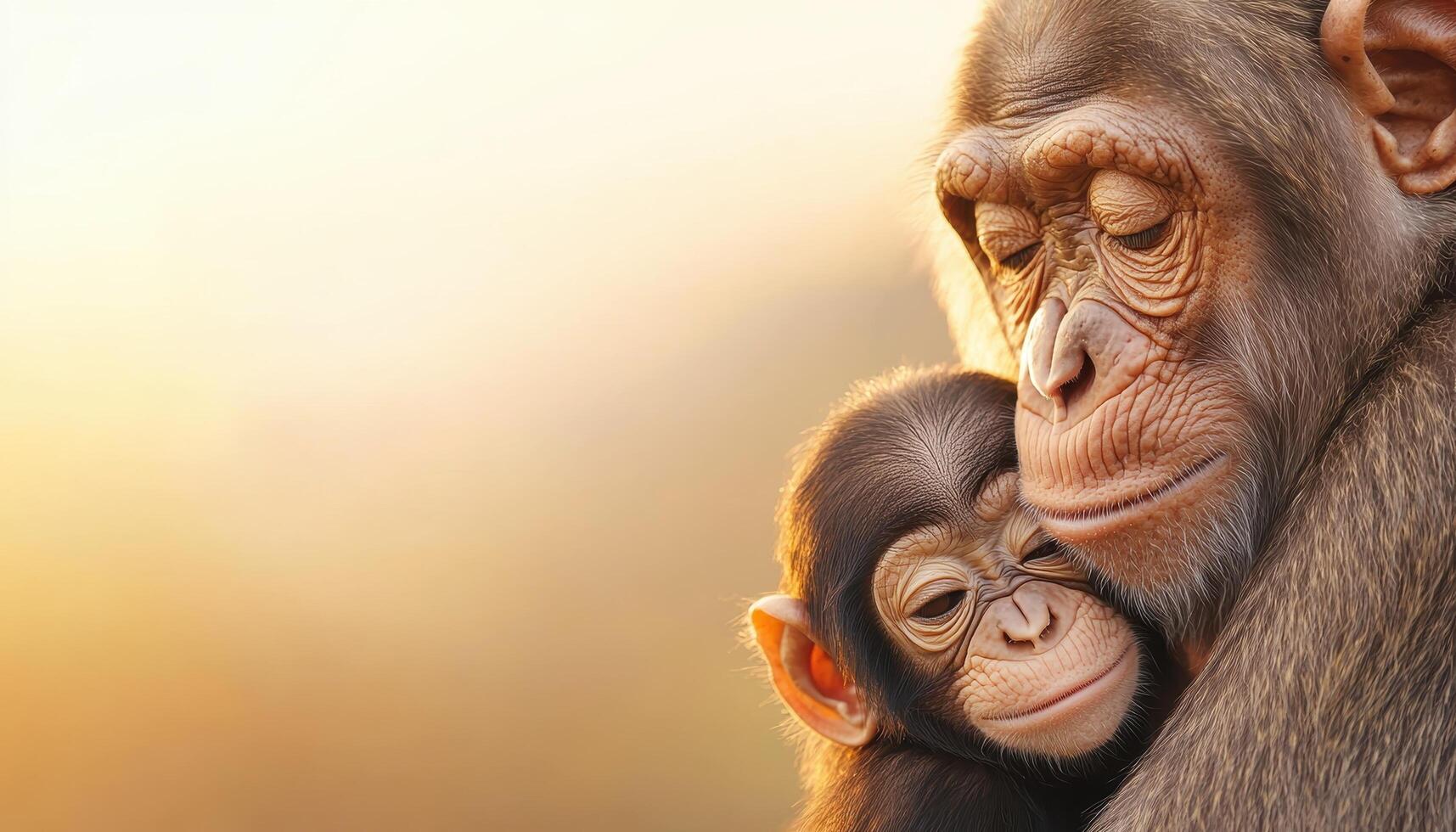 Mother and baby chimpanzees in nature background warm environment photo