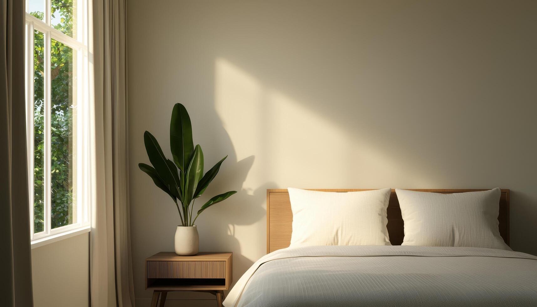Serene bedroom scene with nature background soft light copyspace photo