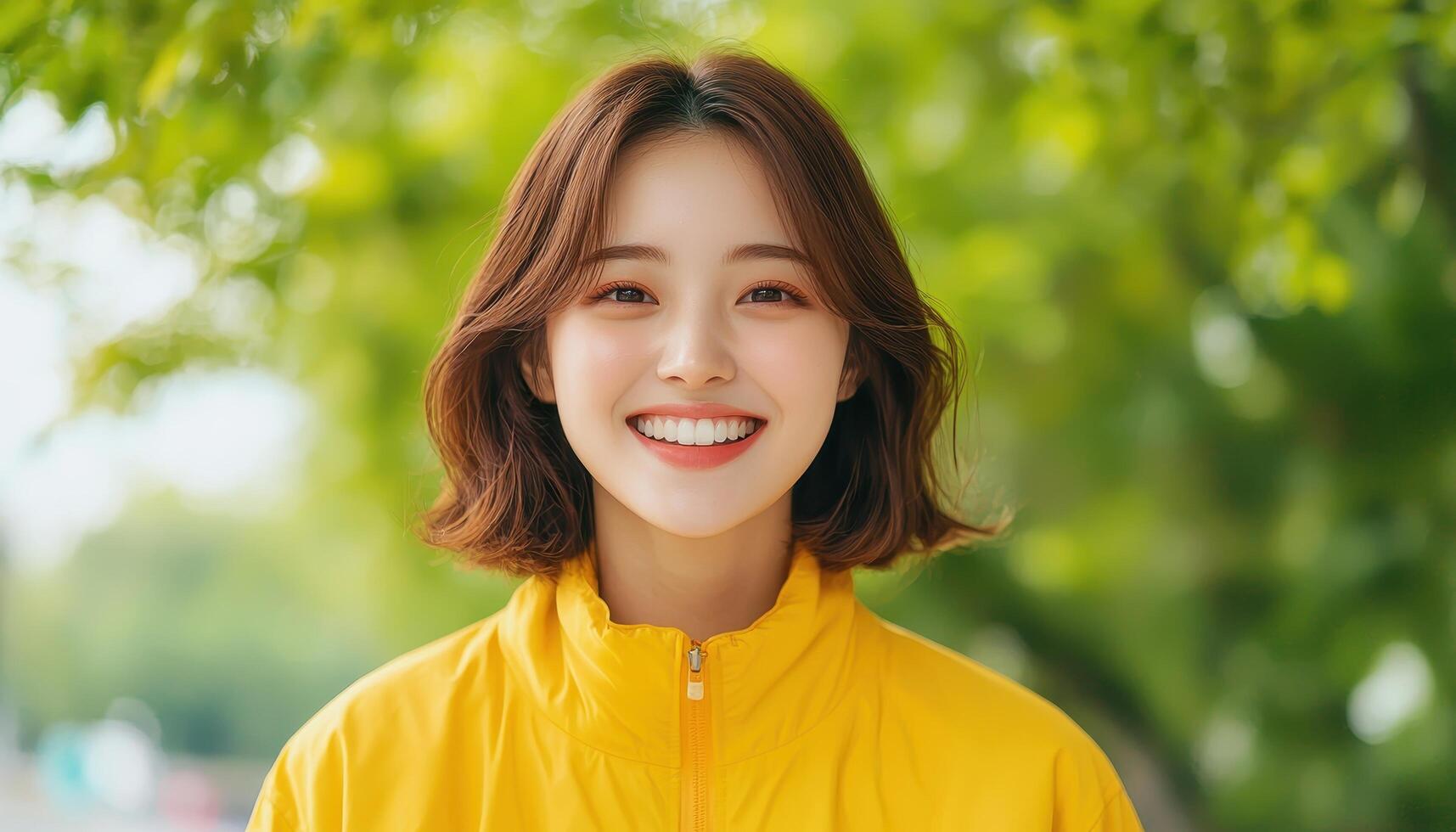 Smiling woman in yellow jacket nature background joyful portrait copyspace photo