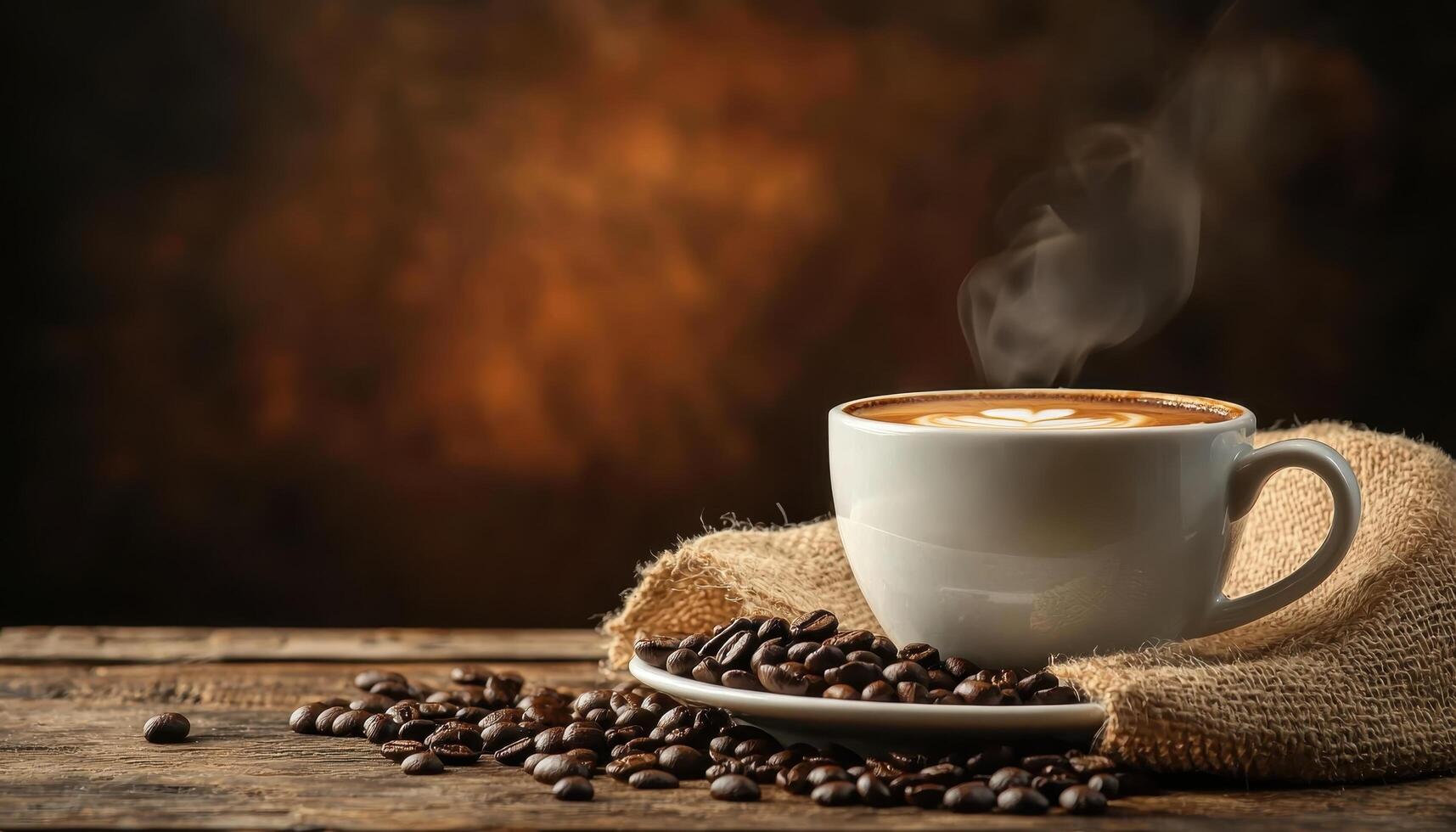 Steaming coffee cup on rustic table warm background nature copyspace cozy environment photo