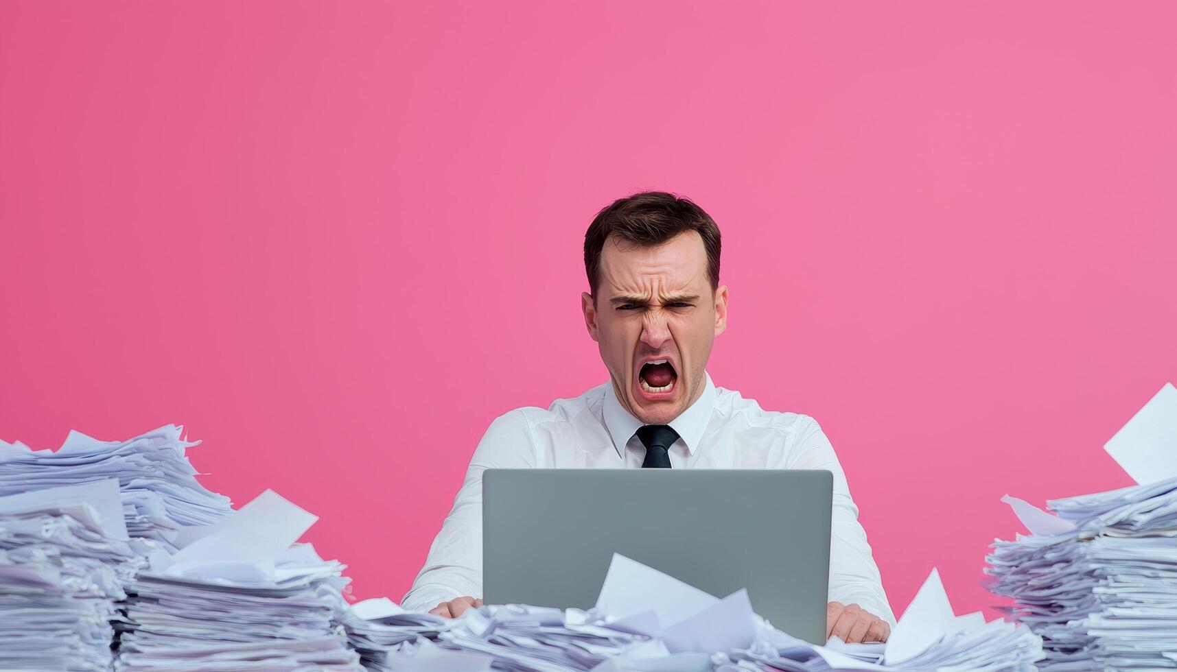 Frustrated Man at Desk Surrounded by Paperwork in Nature Background with Copyspace photo