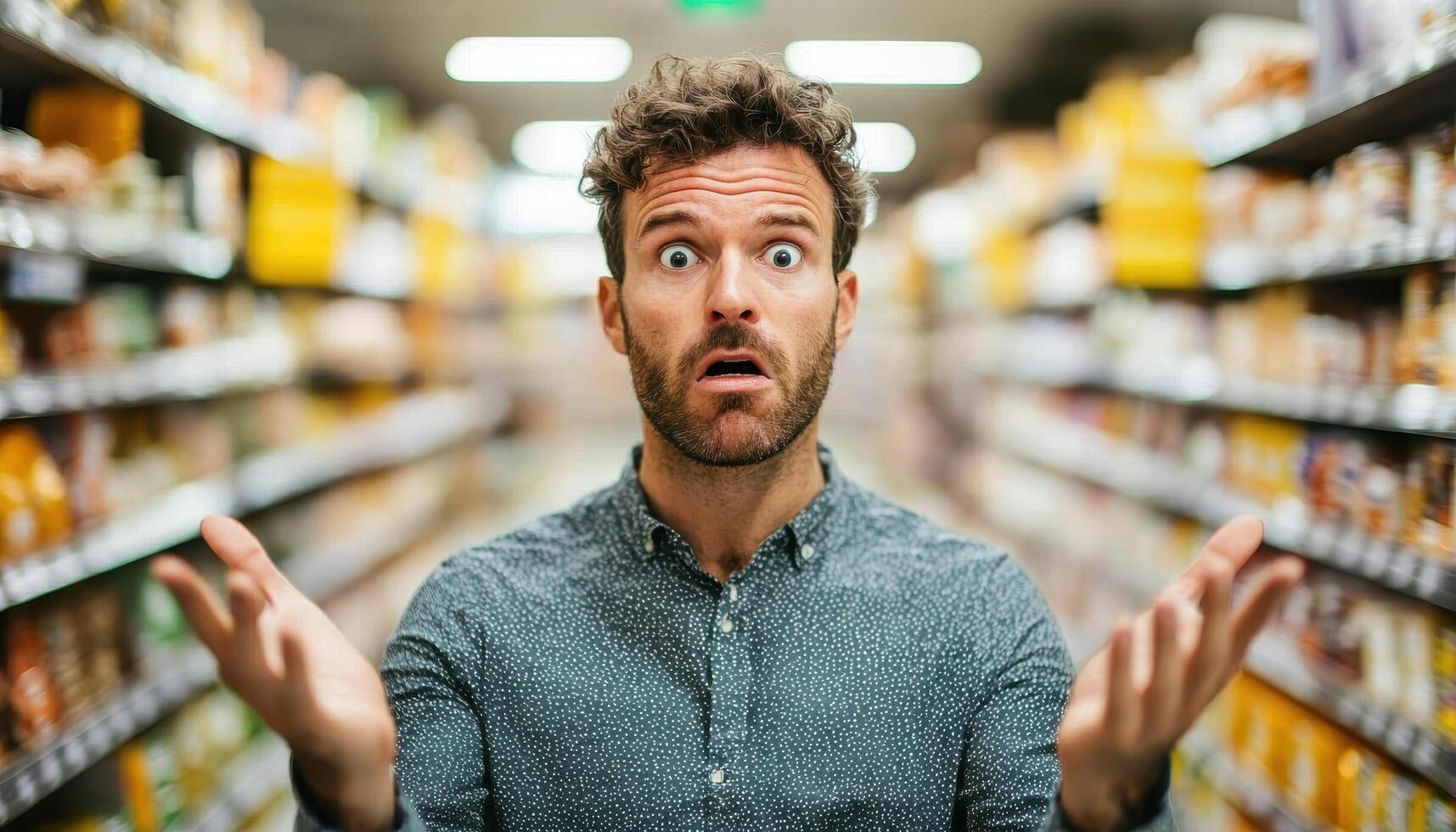Frustrated Man in Grocery Store Aisle with Nature Background and Copyspace photo