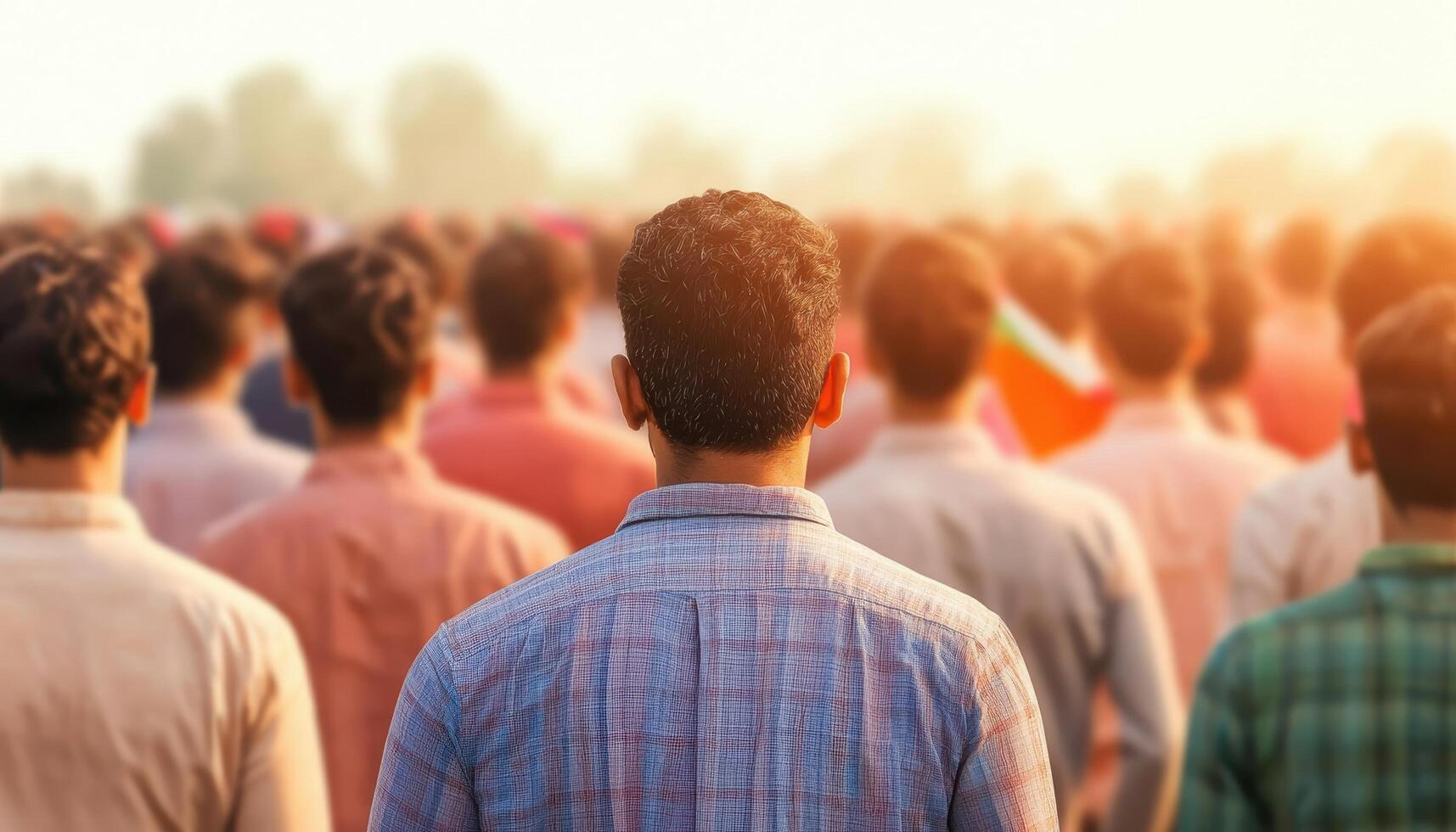 Unity in Diversity Crowd of Indian Flag Bearers Outdoor Event Nature Background with Copyspace photo