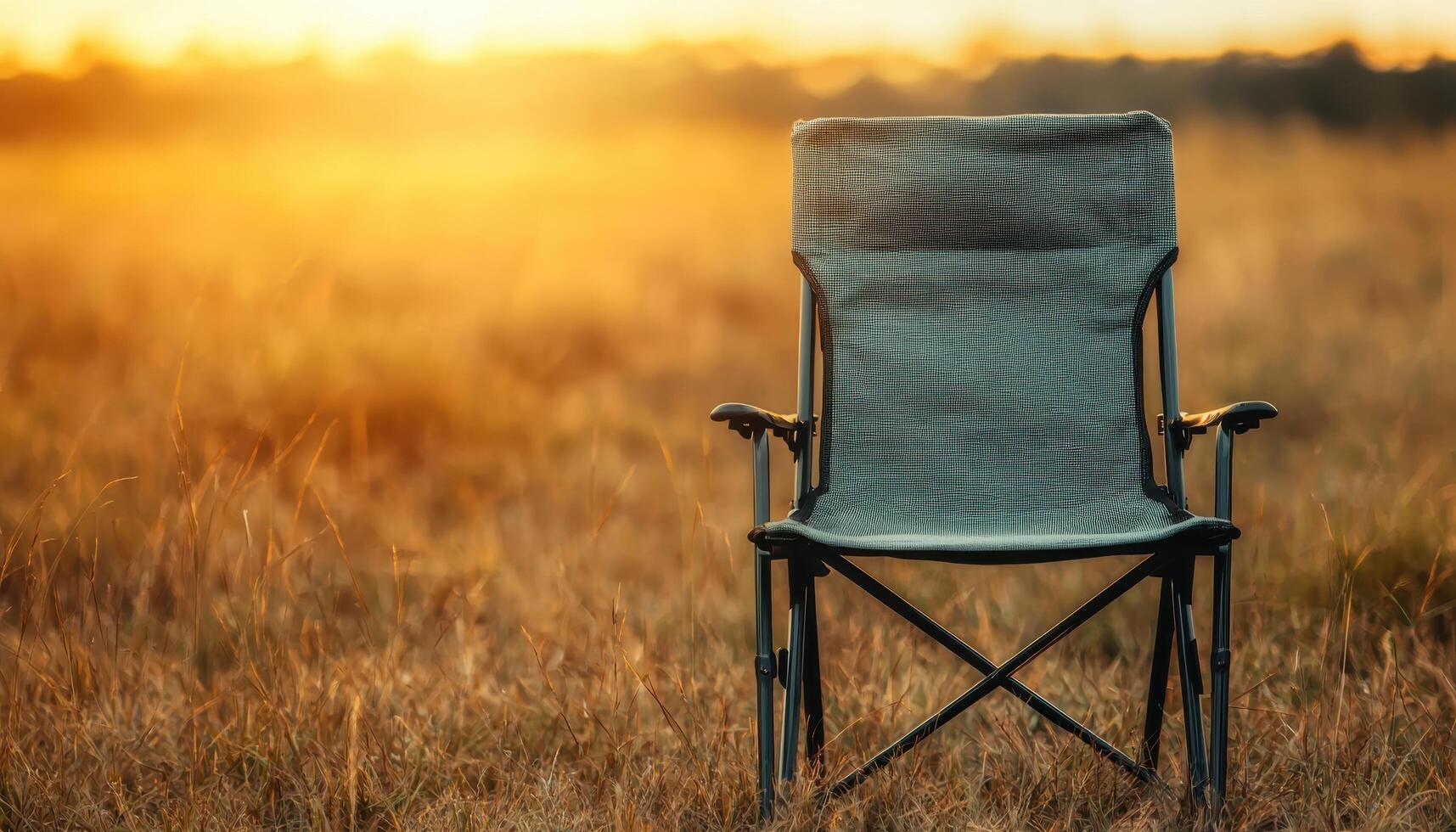 Relaxing Lightproof Canvas Camping Chair in Nature Background with Copyspace Stunning Evening Glow photo