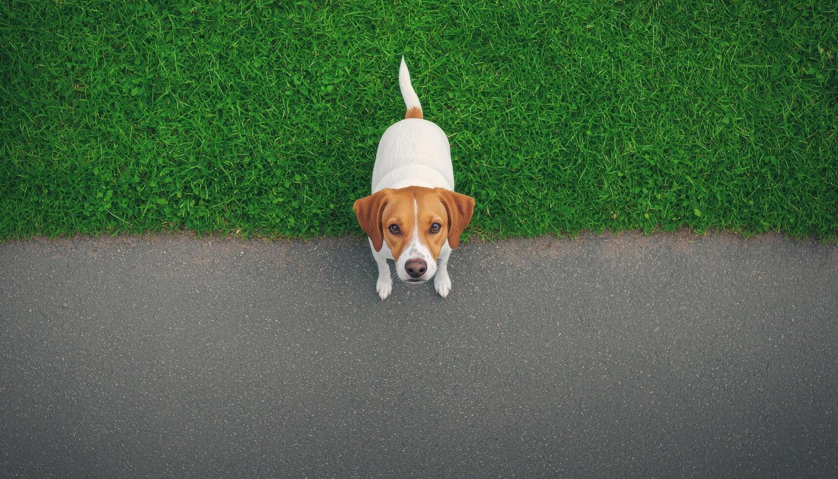A Solitary Dog on Green Grass by a Busy Road Captured in a Background with Copyspace photo
