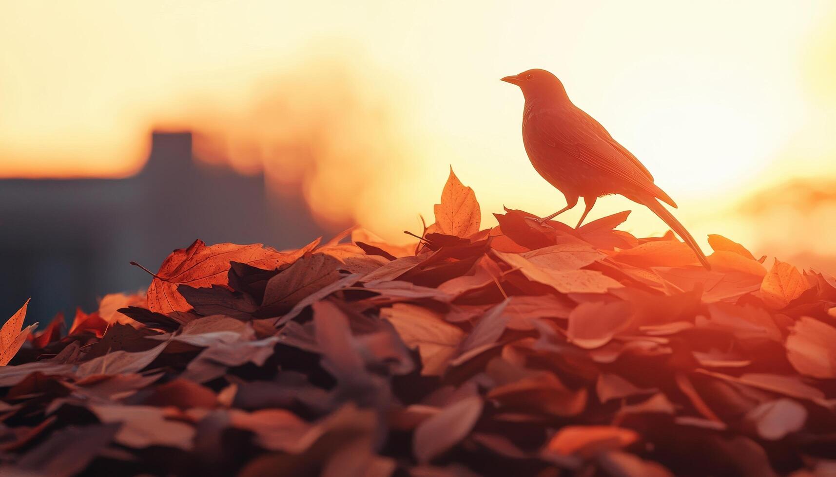 Tranquil Backyard Sunset Scene with Leaves and a Bird Peaceful Atmosphere Background Copyspace photo