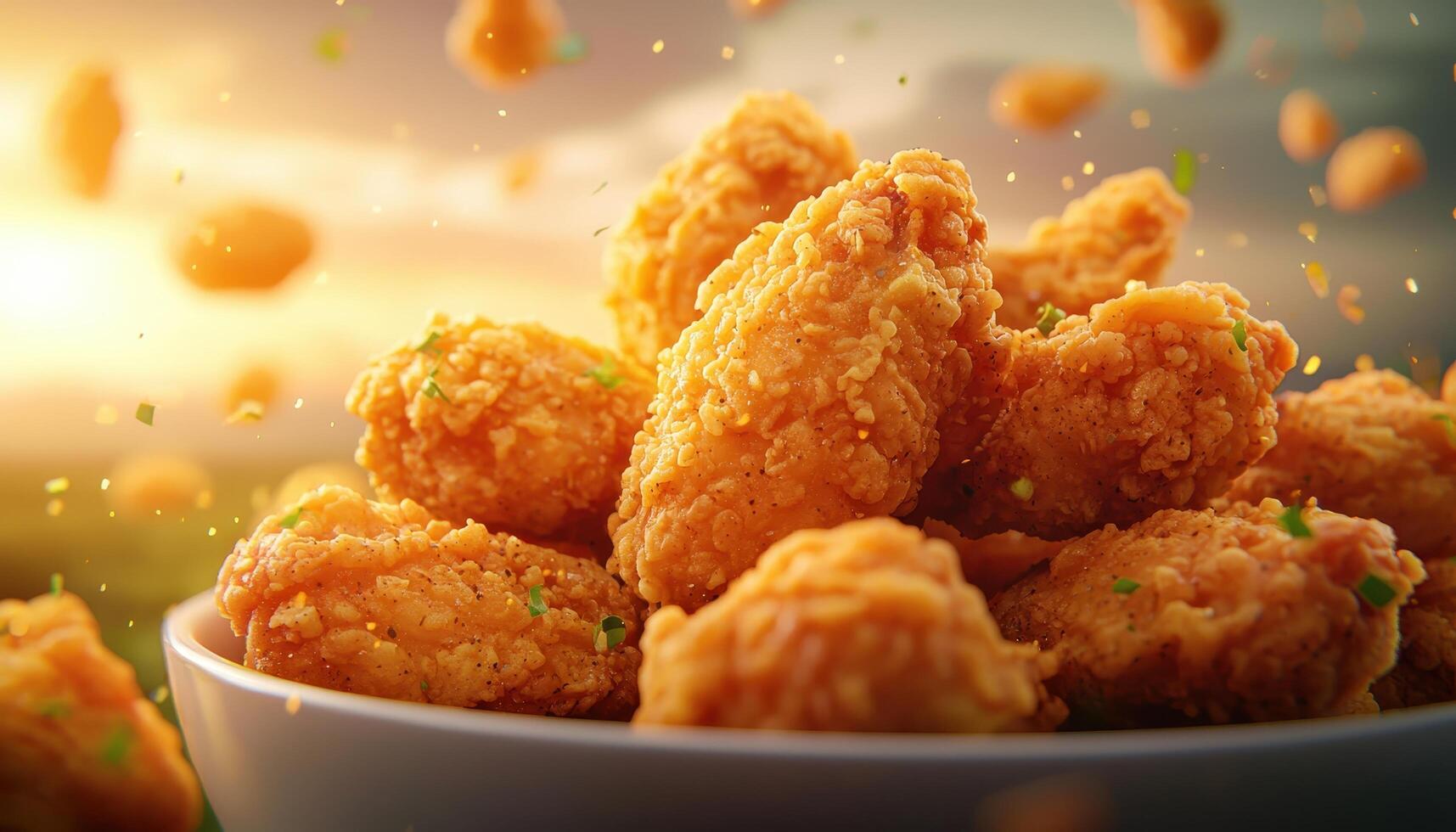 Fried Chicken Wings in Motion Culinary Delight Outdoor Setting Vibrant Background Copyspace photo