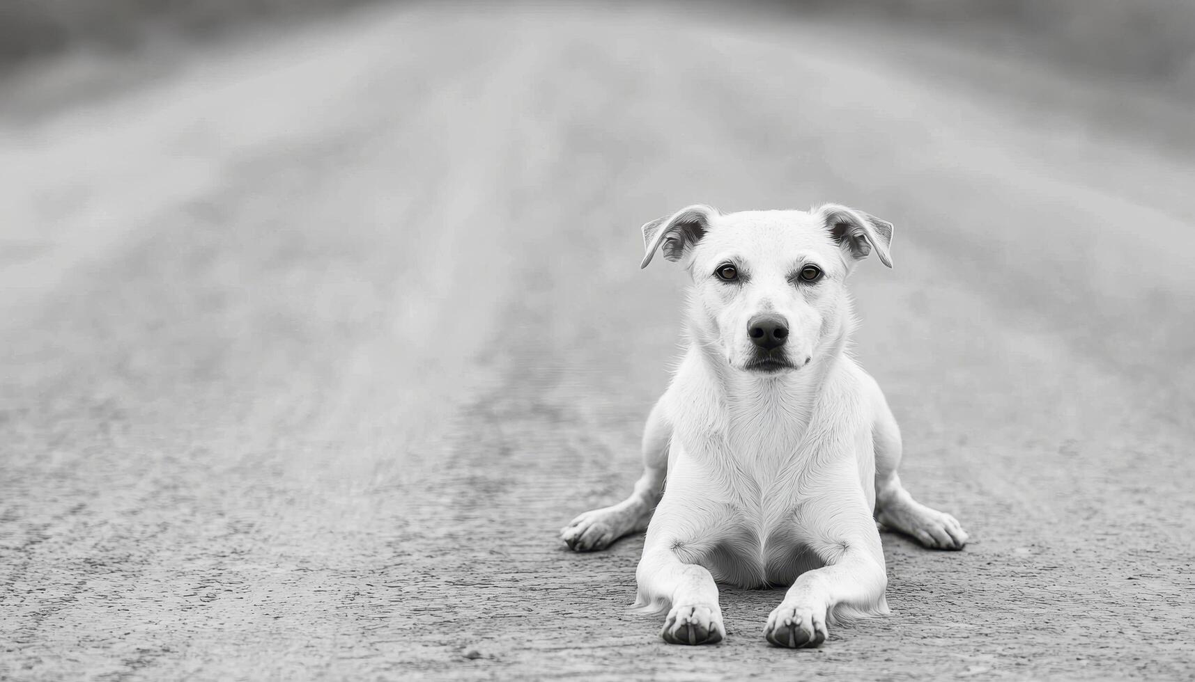 Emotional Dog Lying Down on Road Natural Background with Copyspace Black and White Environment photo