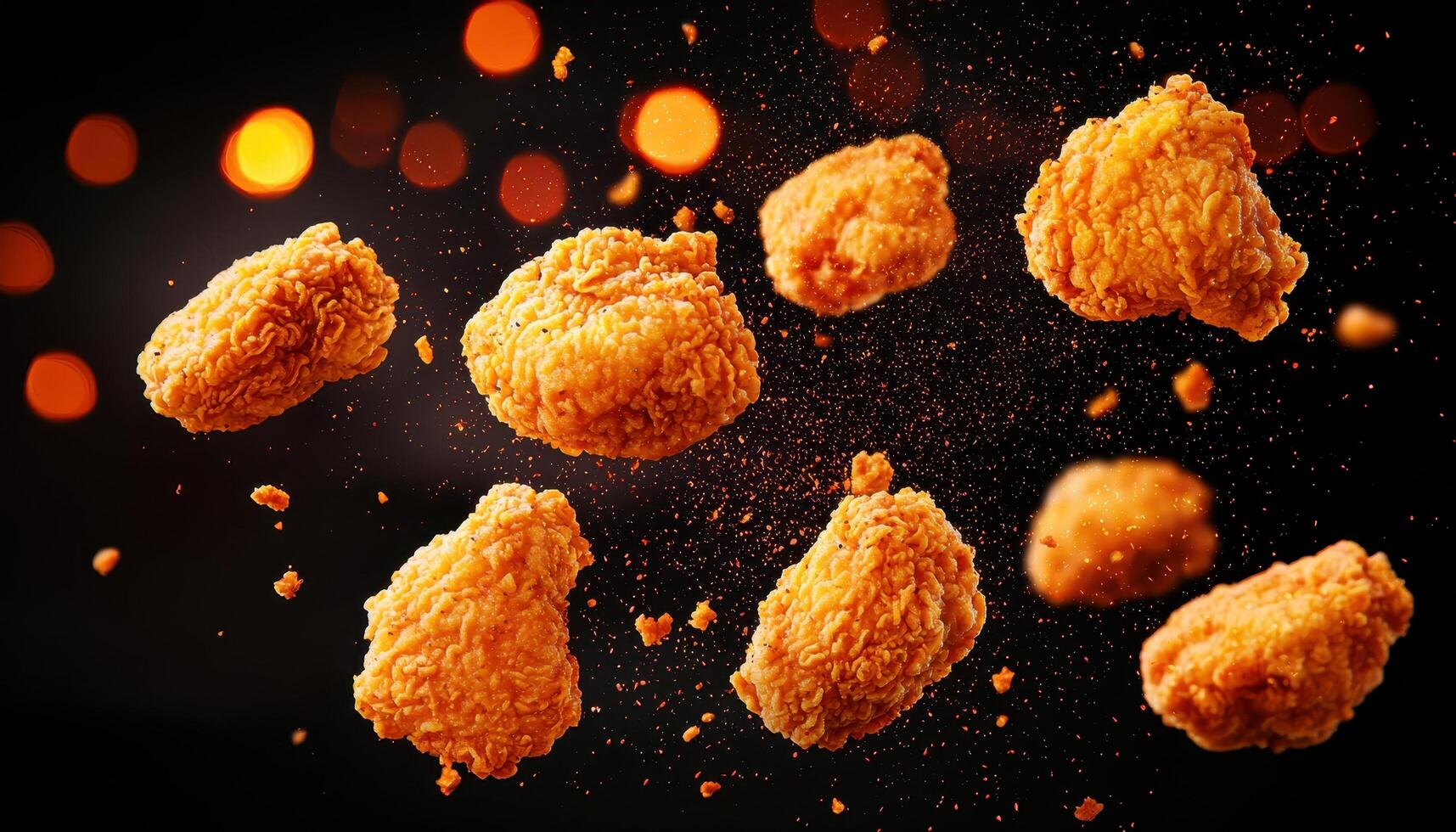 Fried Chicken Pieces in Mid-Air Dark Background Food Photography Studio Dynamic Viewpoint Copyspace photo