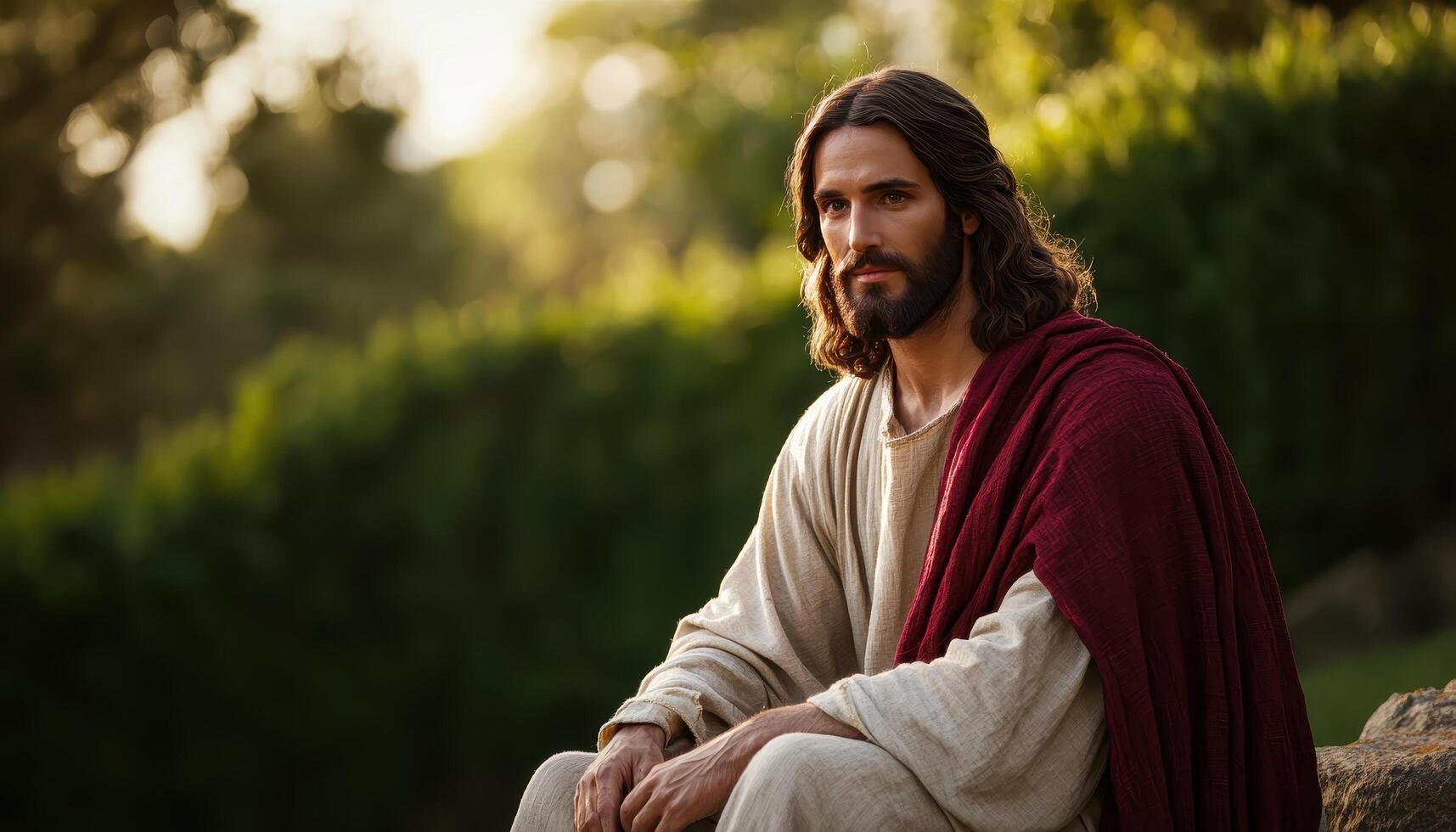 Jesus in Contemplation on a Rock Natural Setting Photo with Background and Copyspace