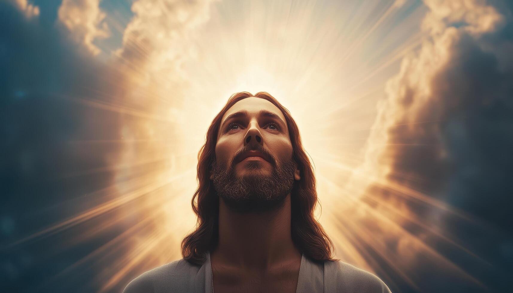Divine Emergence of Jesus from Radiant Sunburst Ethereal Background Copyspace Spiritual Environment photo